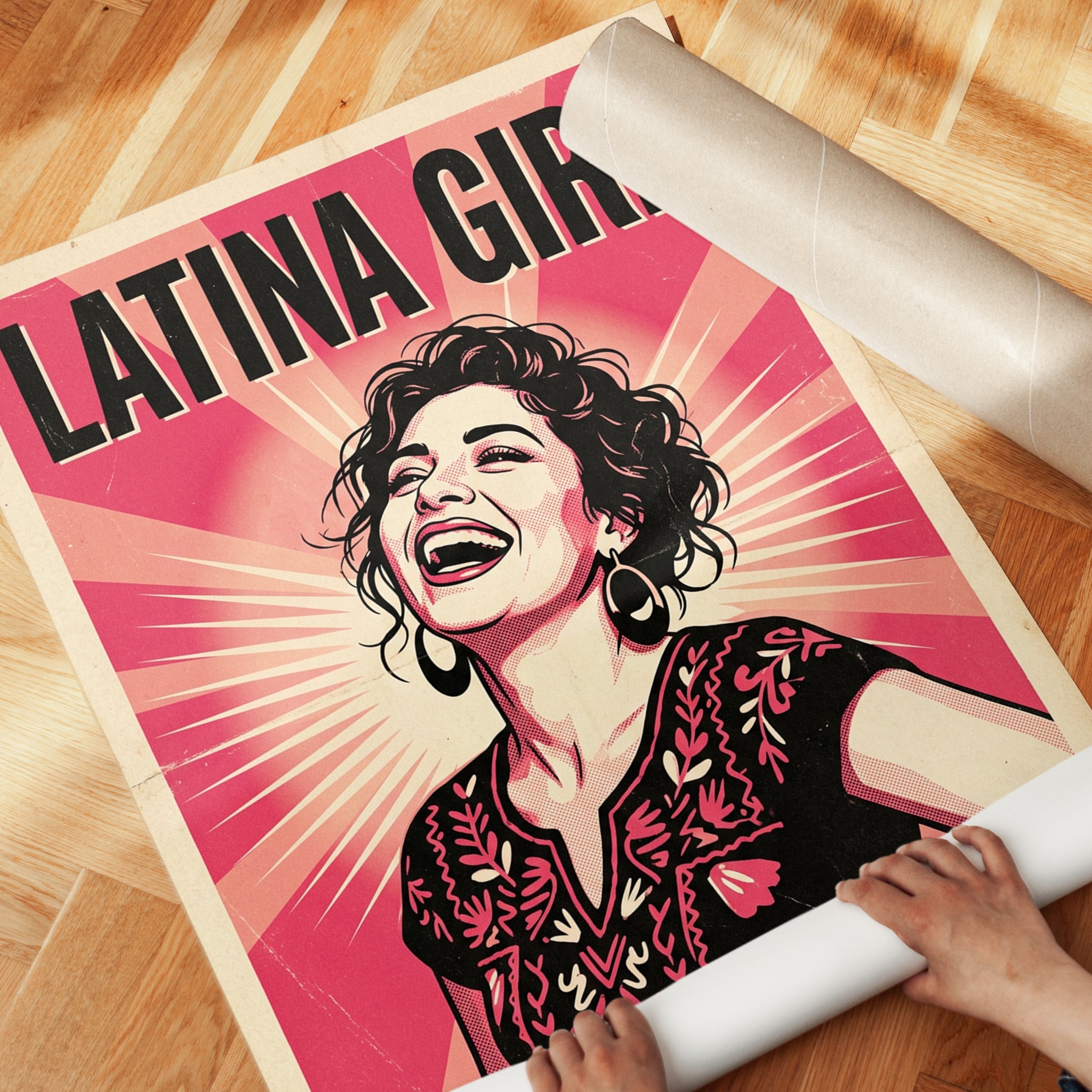 Latina Girl Retro Pop Art Poster: Vintage Pink Propaganda Style - detail