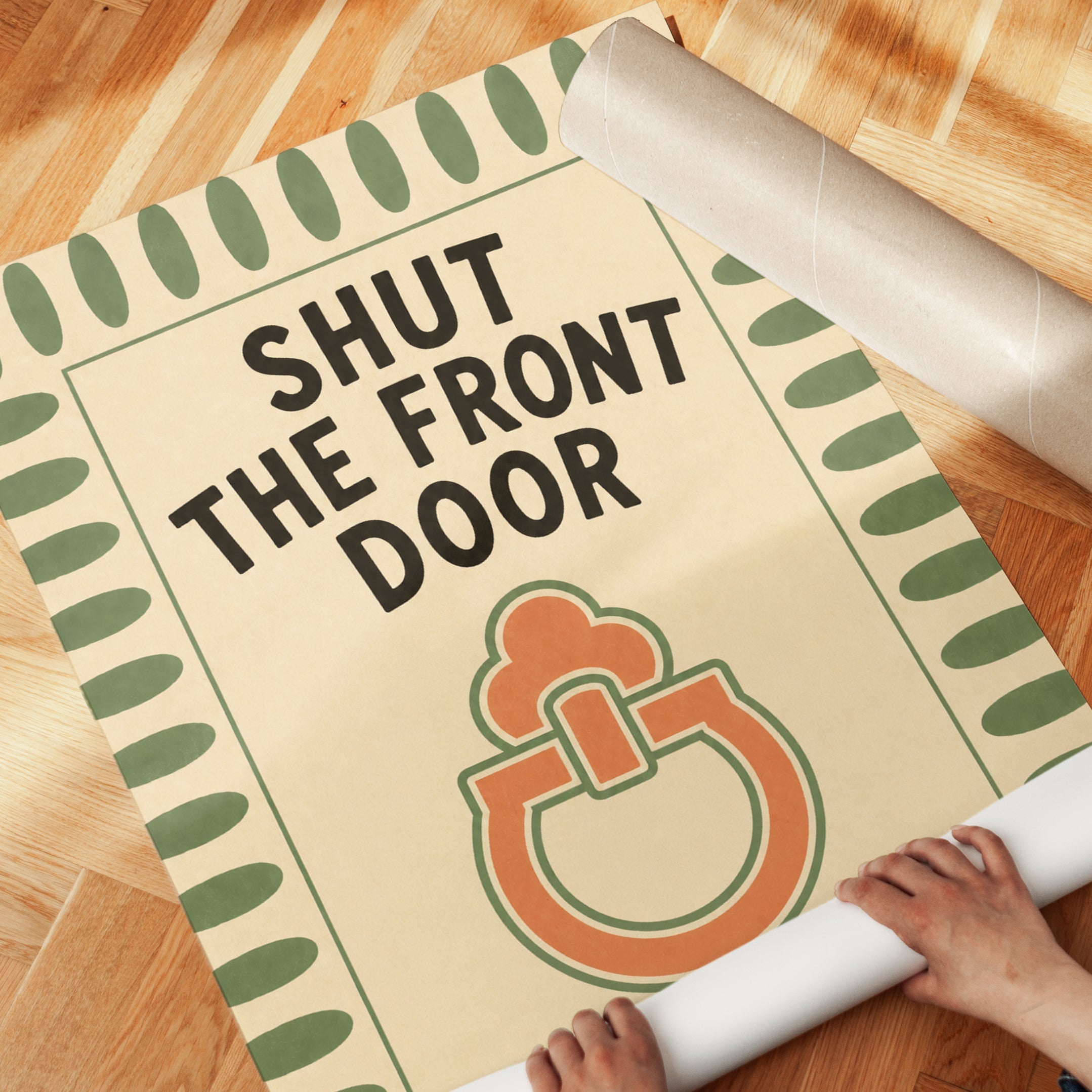Shut The Front Door Retro Poster: Mid-Century Orange Green Wall Art - detail