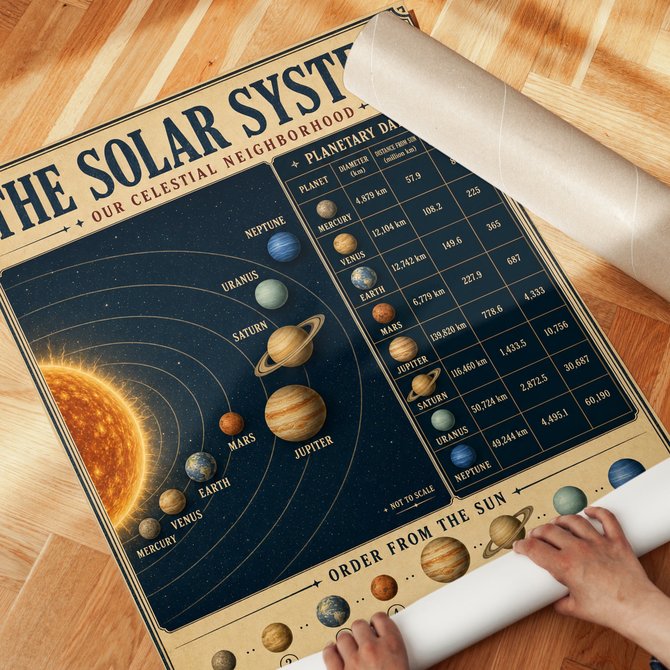 Solar System Diagram Print: Vintage Educational Astronomy Poster - detail
