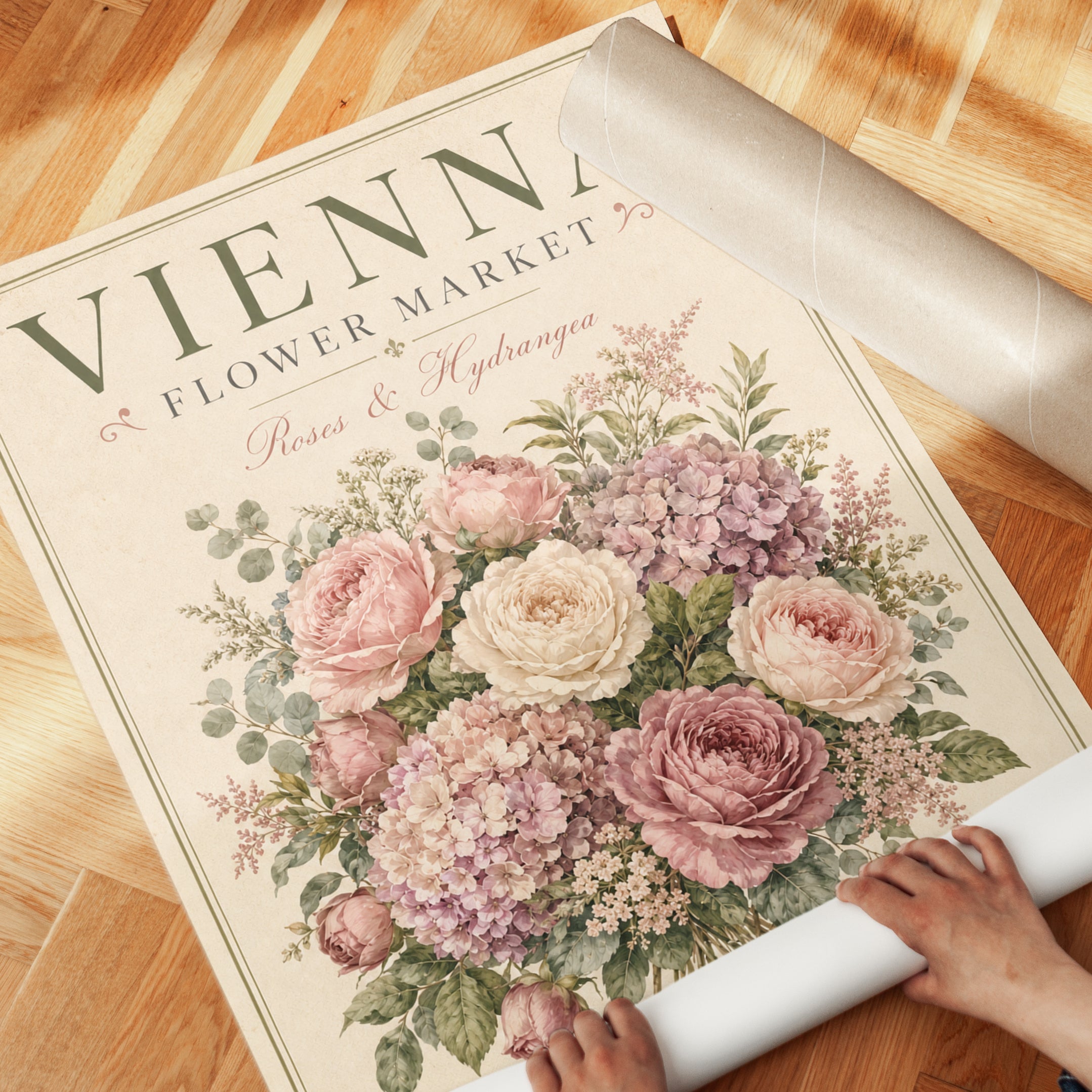Vienna Flower Market Print — Vintage Botanical Rose & Hydrangea - detail
