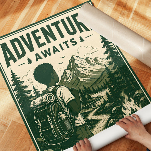 Adventure Awaits Poster: Vintage Mountain Hiking Art Print - detail