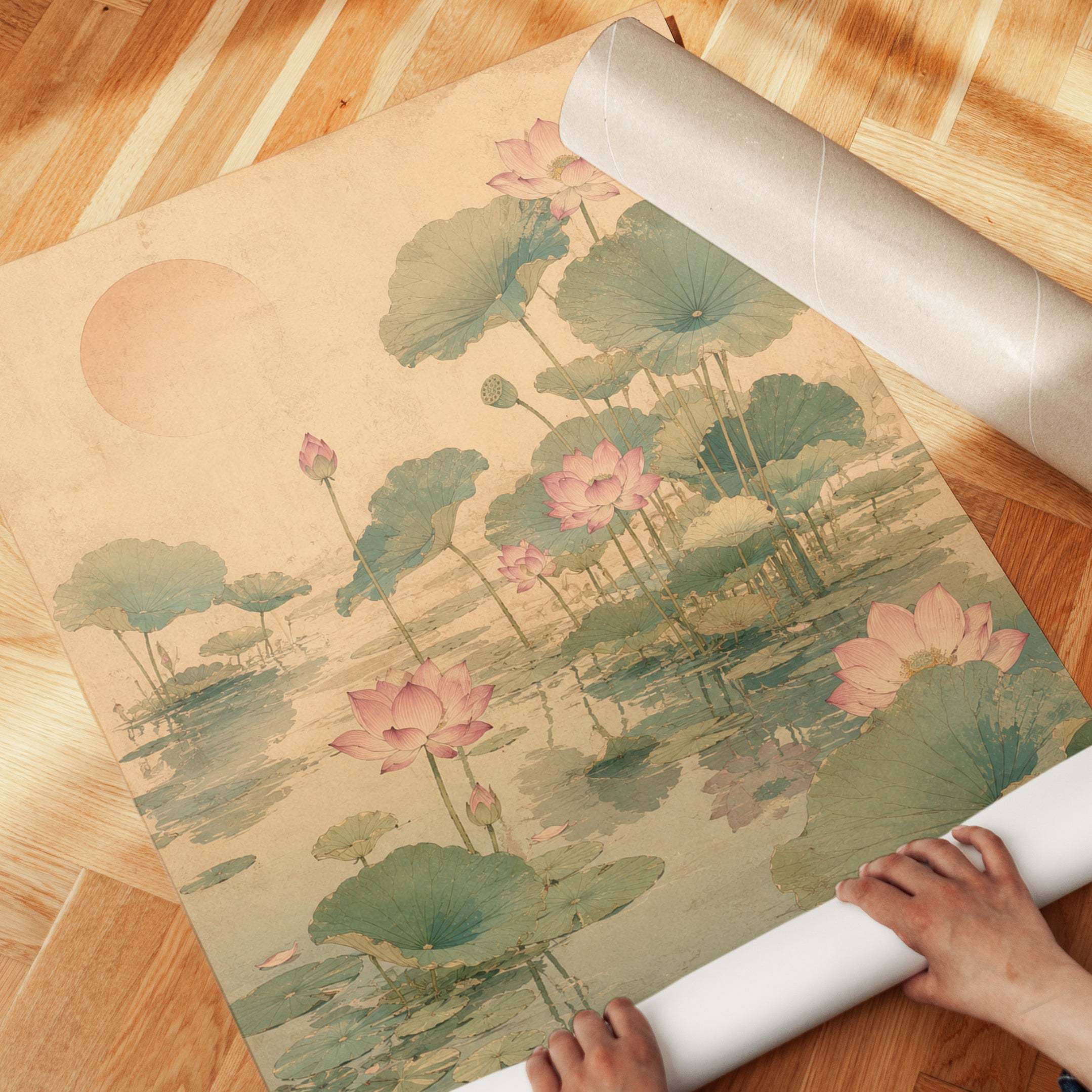 Lotus Pond Art Print: Japanese Watercolor Botanical Design - detail
