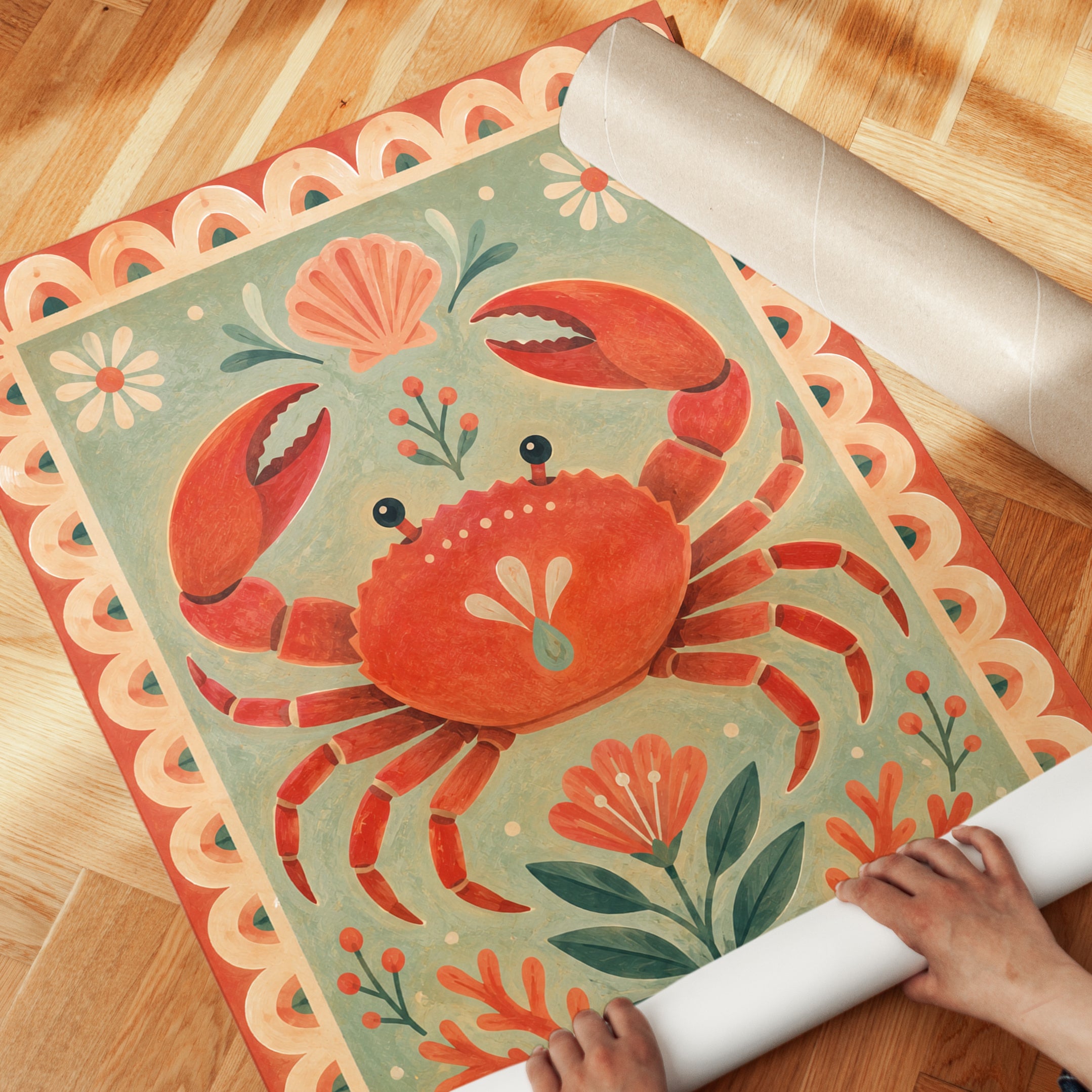 Folk Art Crab Print – Coastal Kitchen Wall Art - detail