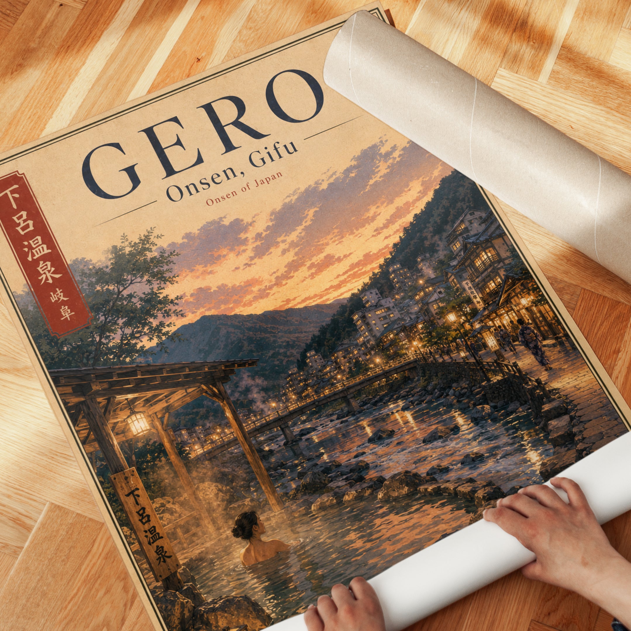 Gero Onsen Hot Spring Poster: Japanese Village Sunset Art Print - detail
