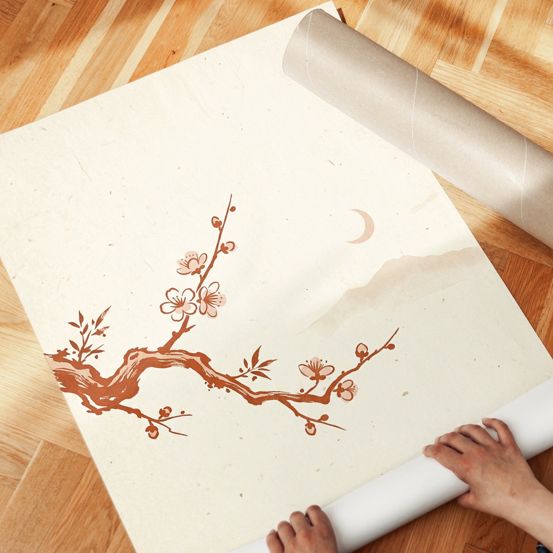 Cherry Blossom Branch Art Print: Japanese Minimalist Design - detail