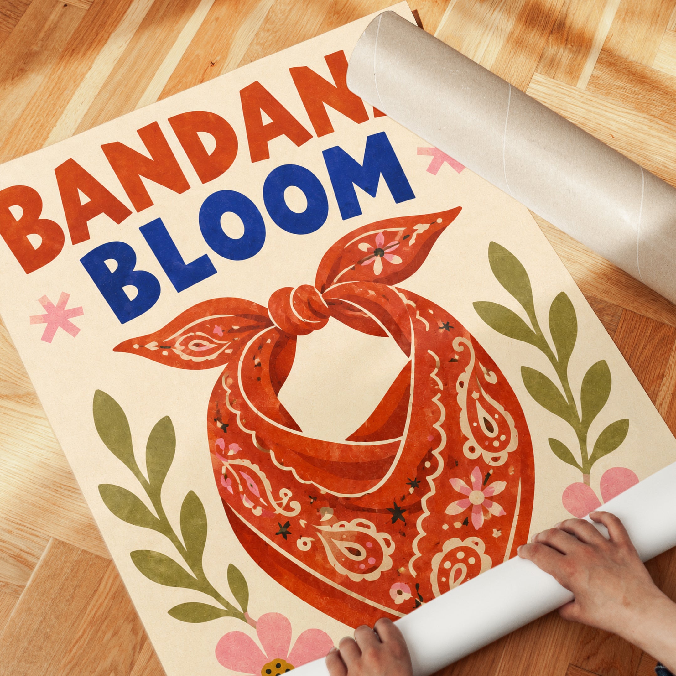 Bandana Bloom Folk Art Print: Red Paisley Floral Design - detail