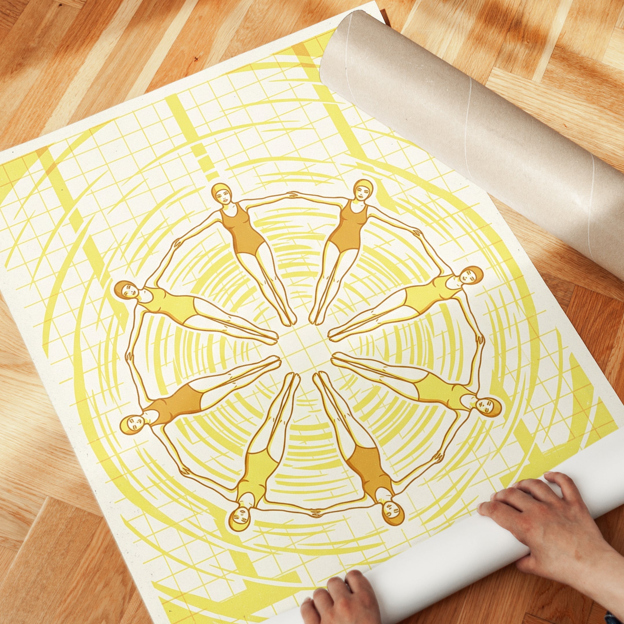 Synchronized Swimmers Mandala: Art Deco Yellow Geometric Print - detail