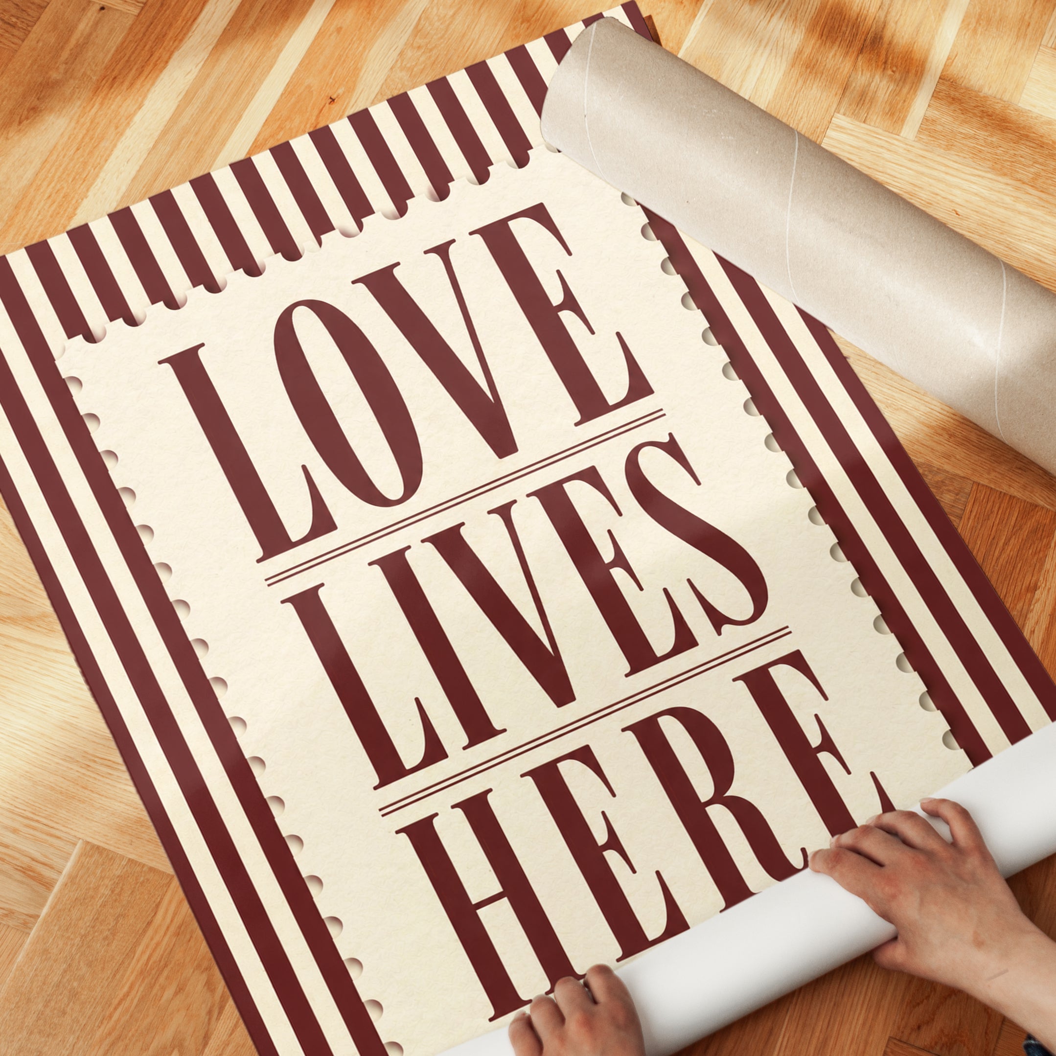 Love Lives Here Typography Print: Vintage Red Striped Wall Art - detail