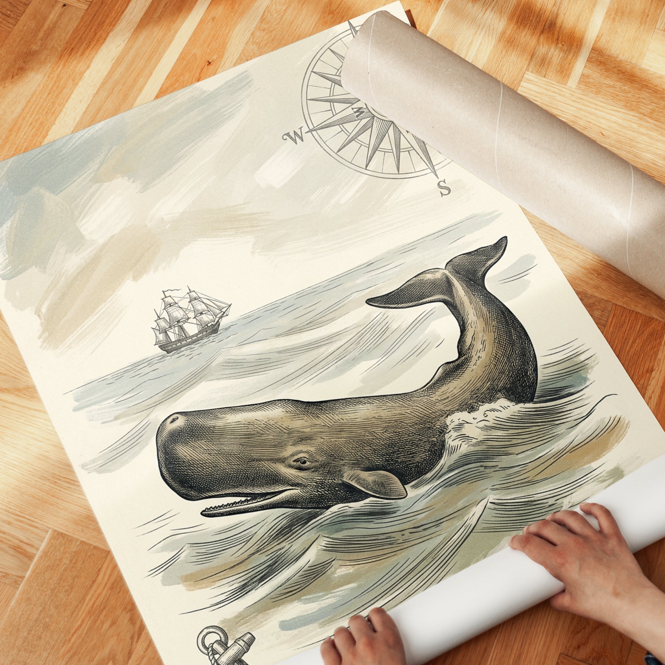 Vintage Whale Nautical Print: Victorian Maritime Illustration - detail