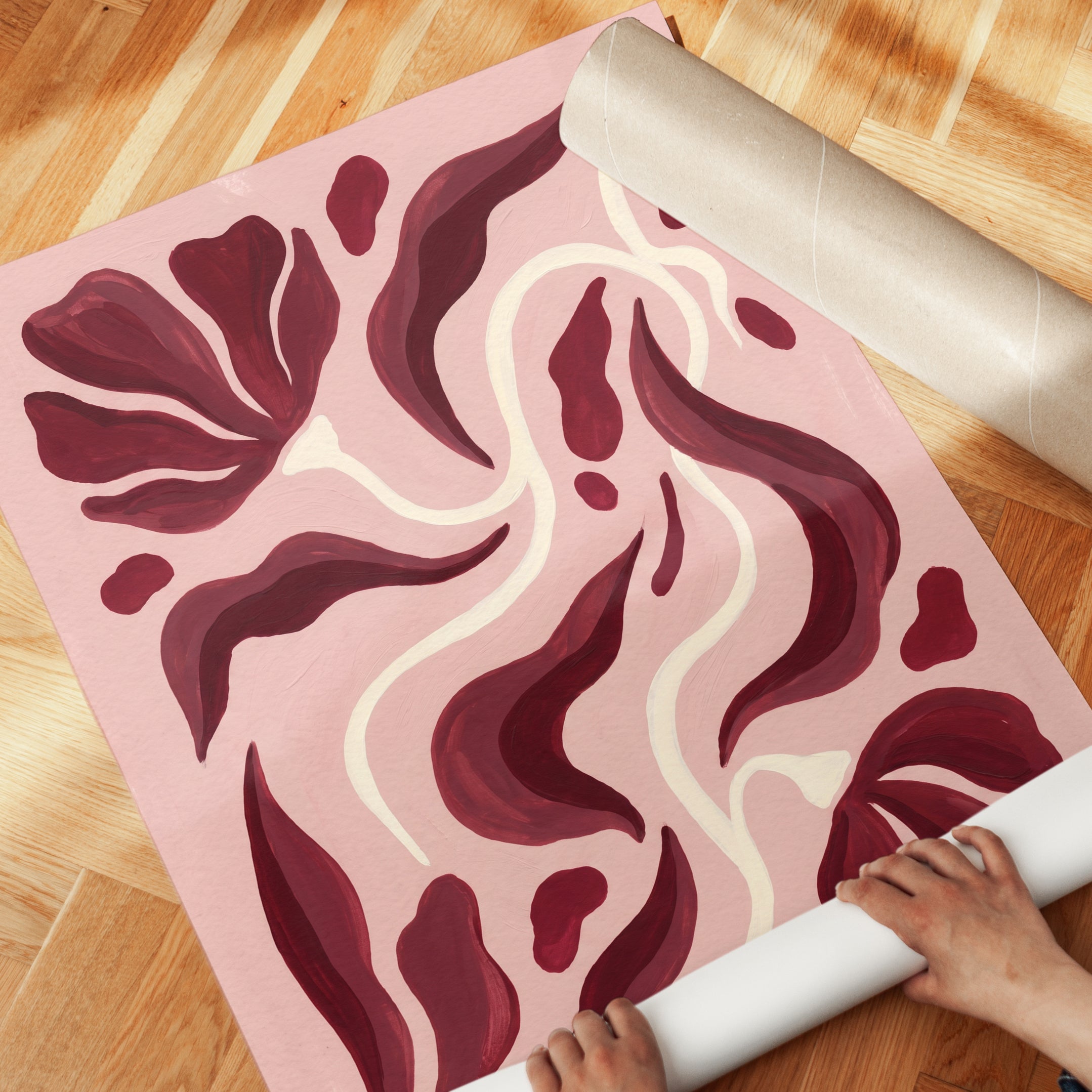 Mid Century Modern Wall Art: Pink Burgundy Organic Shapes - detail