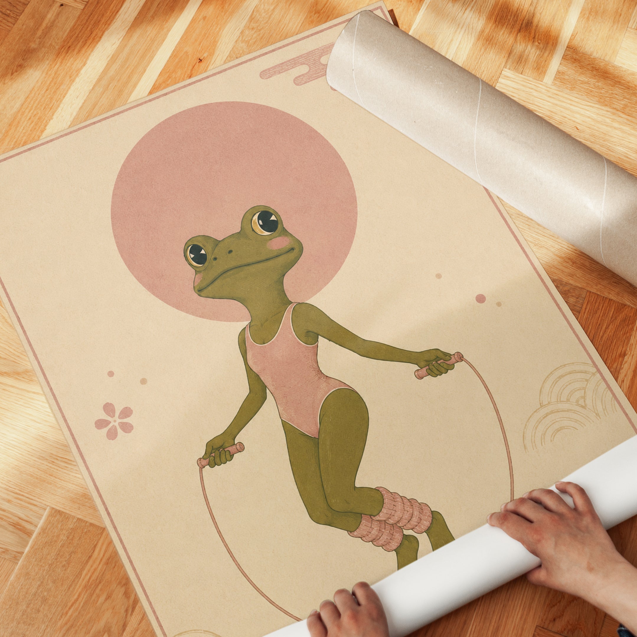 Japanese Frog Jump Rope Art Print: Whimsical Pink Green Poster - detail