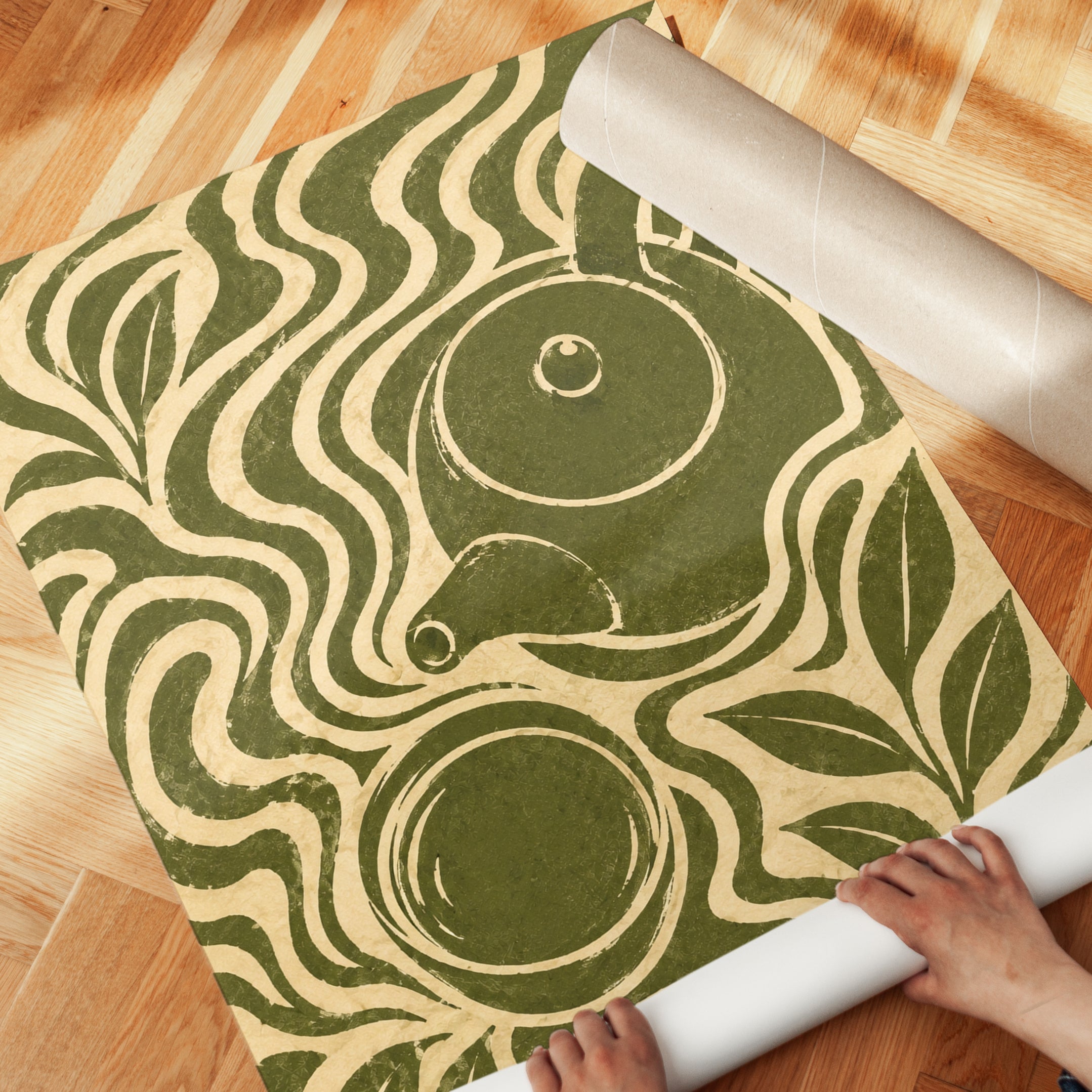 Art Nouveau Bird Print: Olive Green Decorative Design - detail