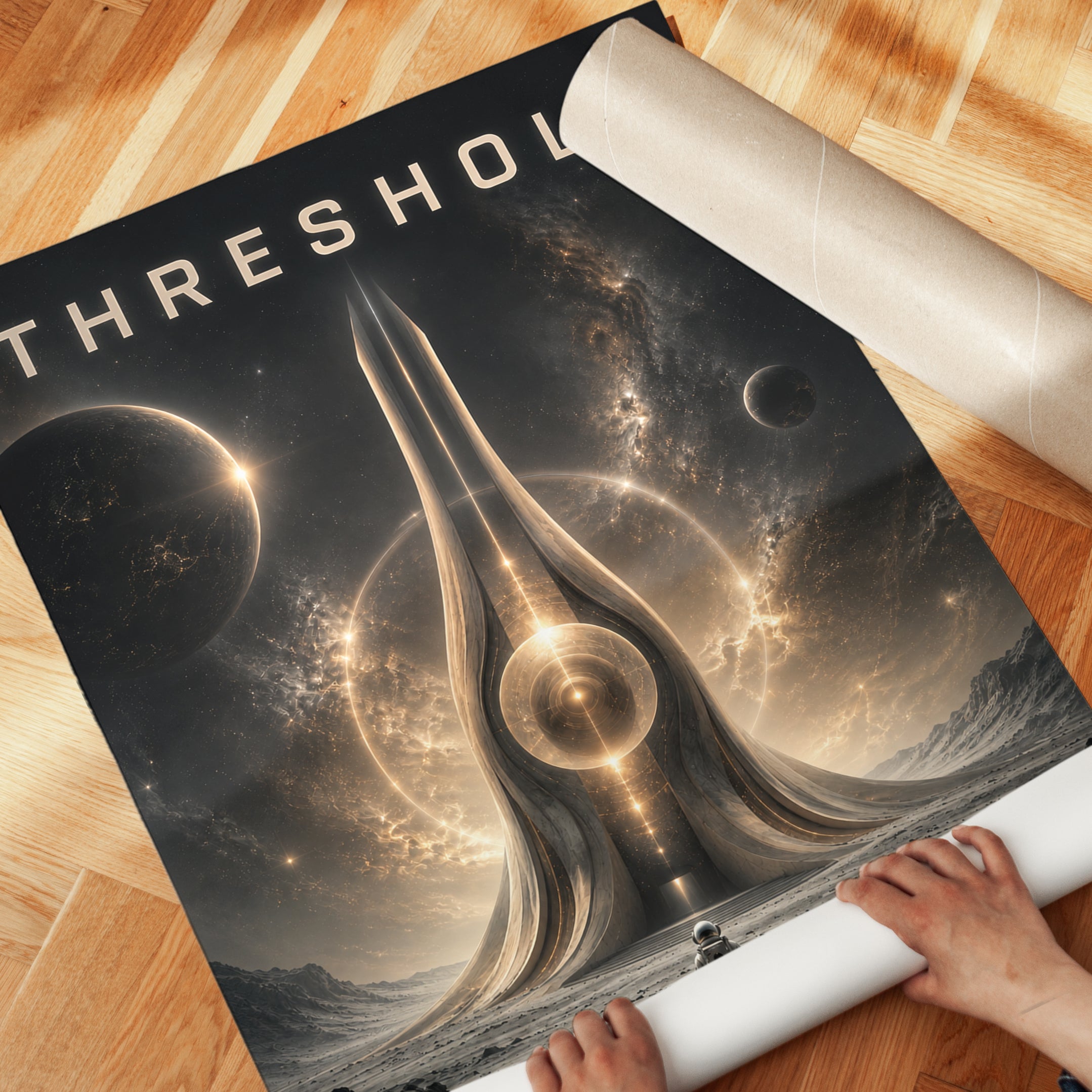 Cosmic Gateway Art Print: Futuristic Space Explorer Golden Portal - detail