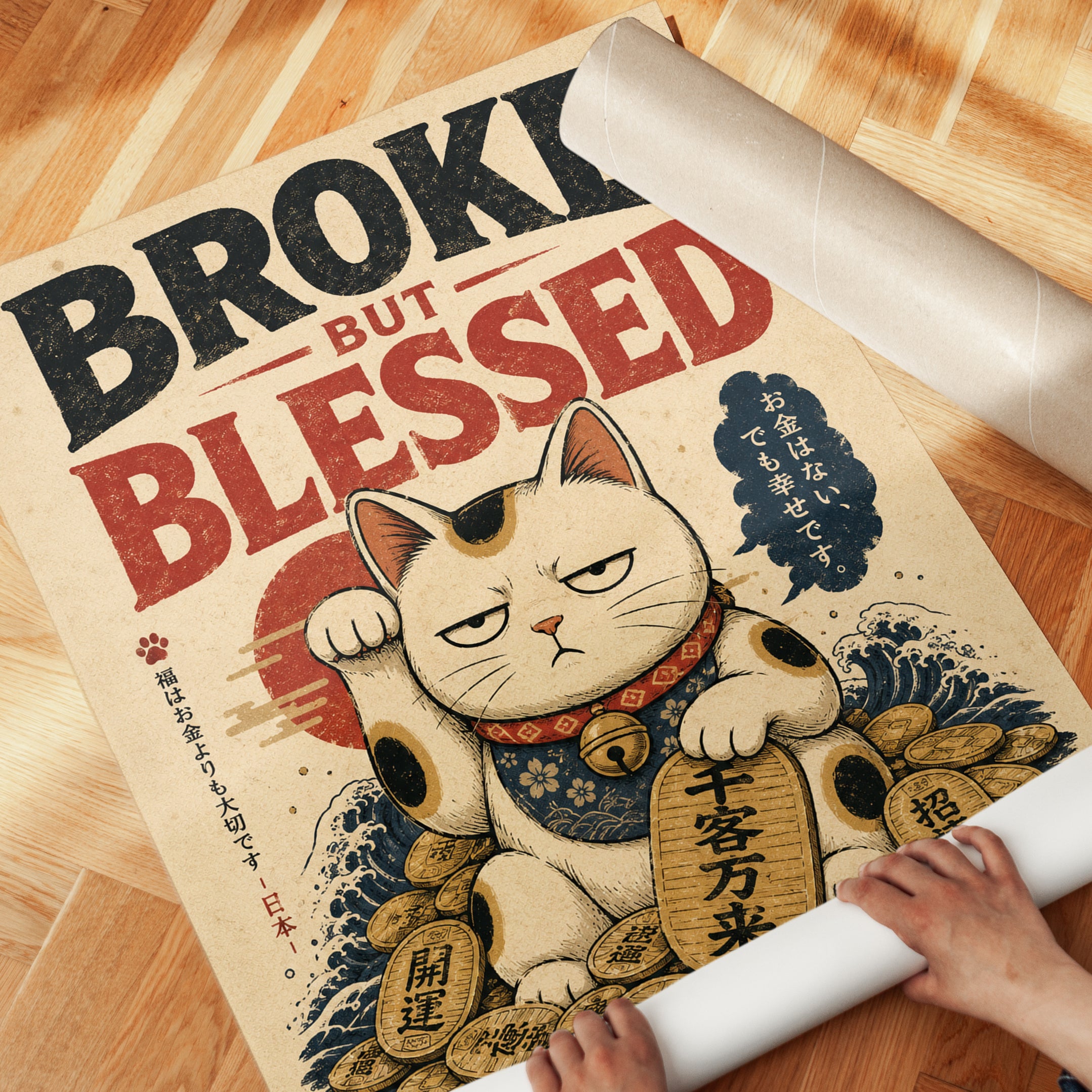 Lucky Cat Wall Art – Maneki Neko Print - detail
