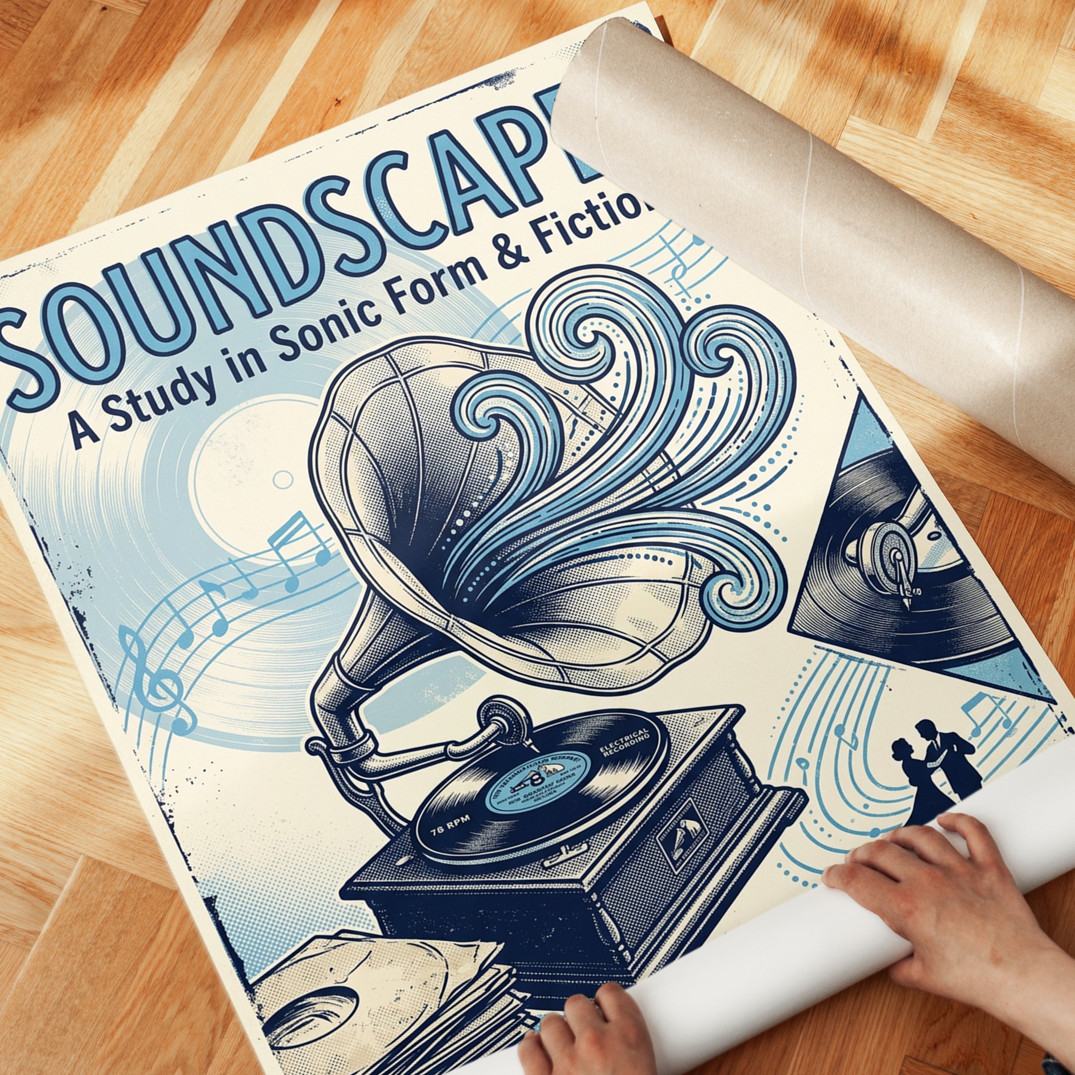 Vintage Gramophone Art Print: Art Deco Music Poster Design - detail