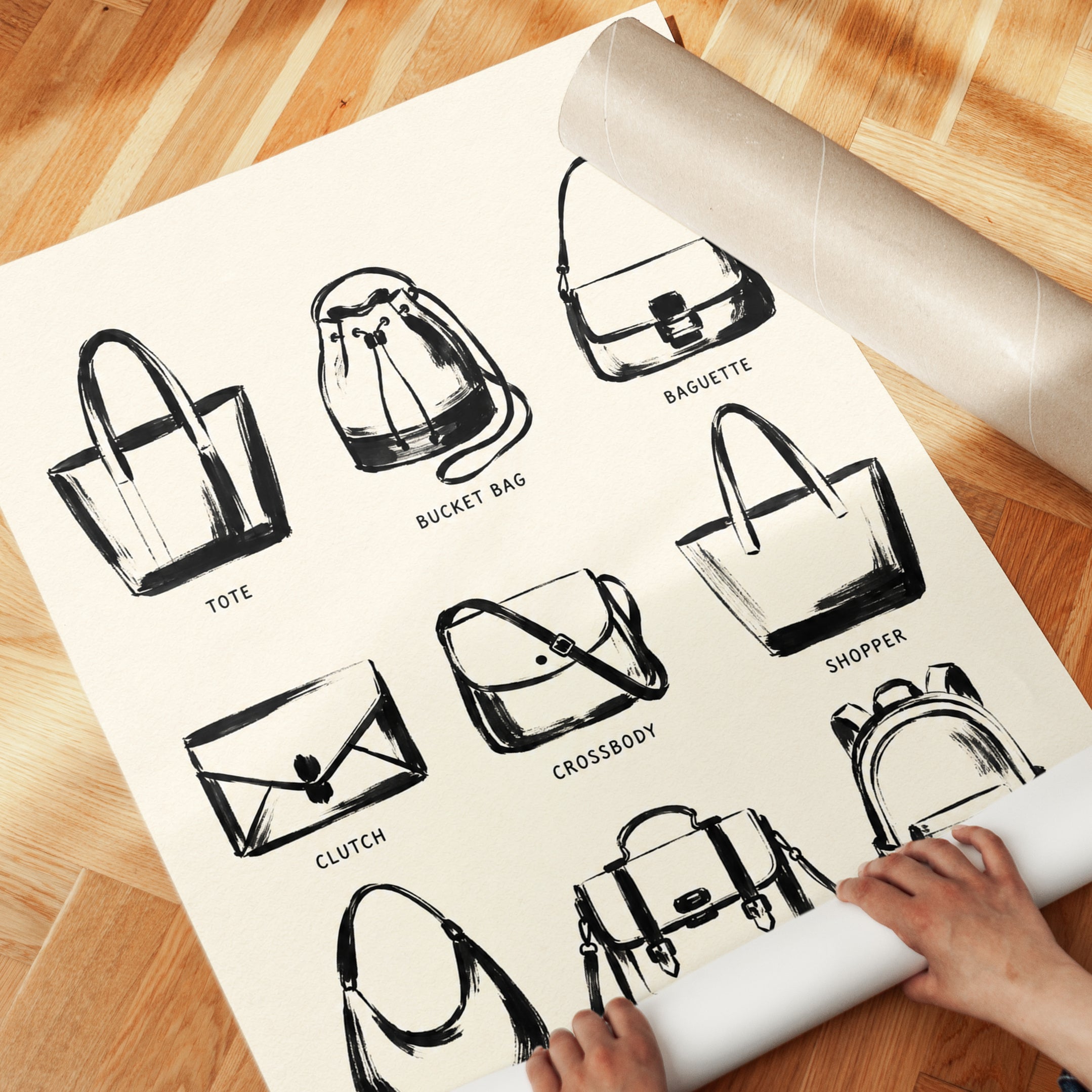 Handbag Types Guide Print: Black Ink Fashion Illustration - detail
