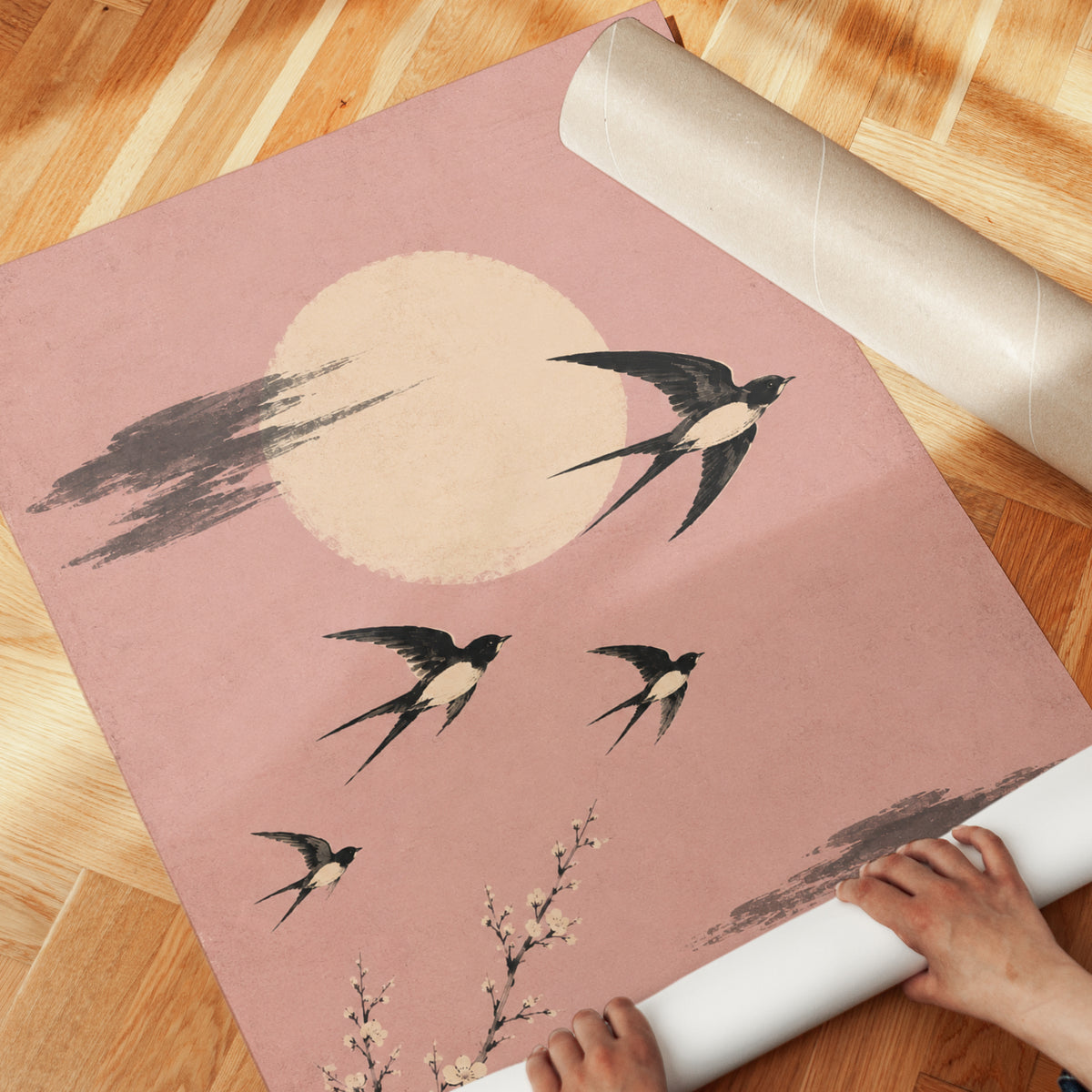 Cherry Blossom and Moon Swallow Print - detail
