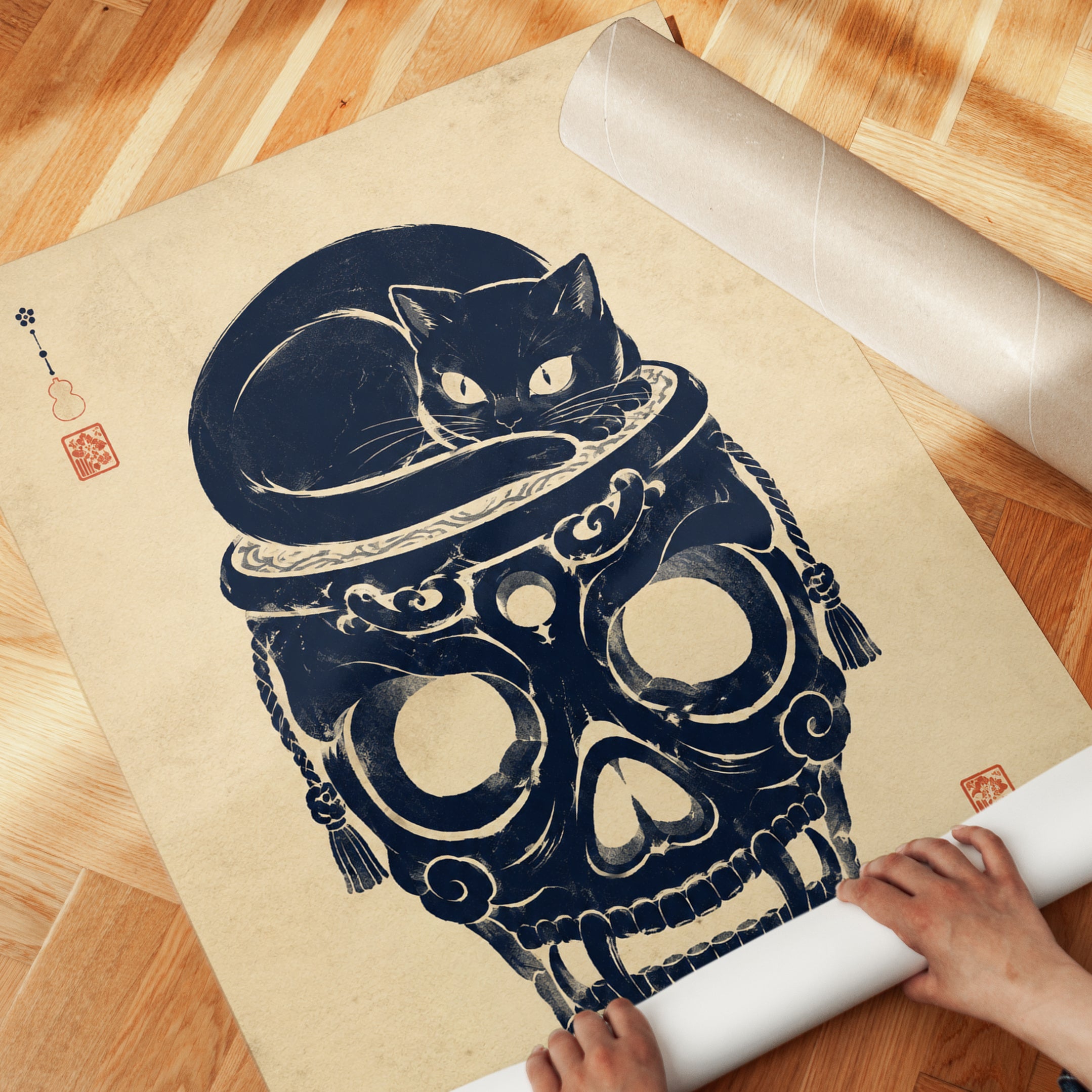 Japanese Cat Skull Art – Black Cat Print - detail