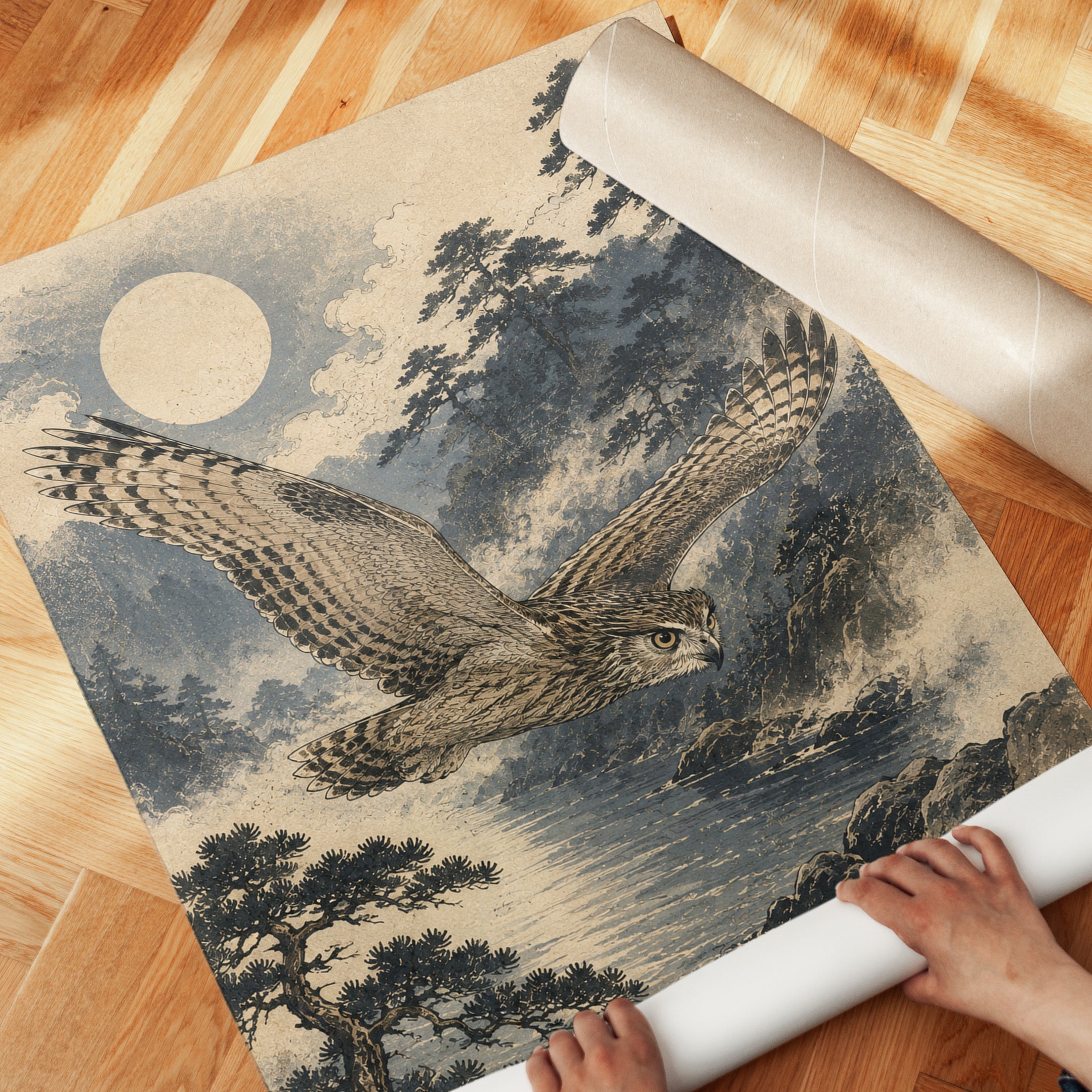 Owl Art Print: Vintage Japanese Landscape - detail