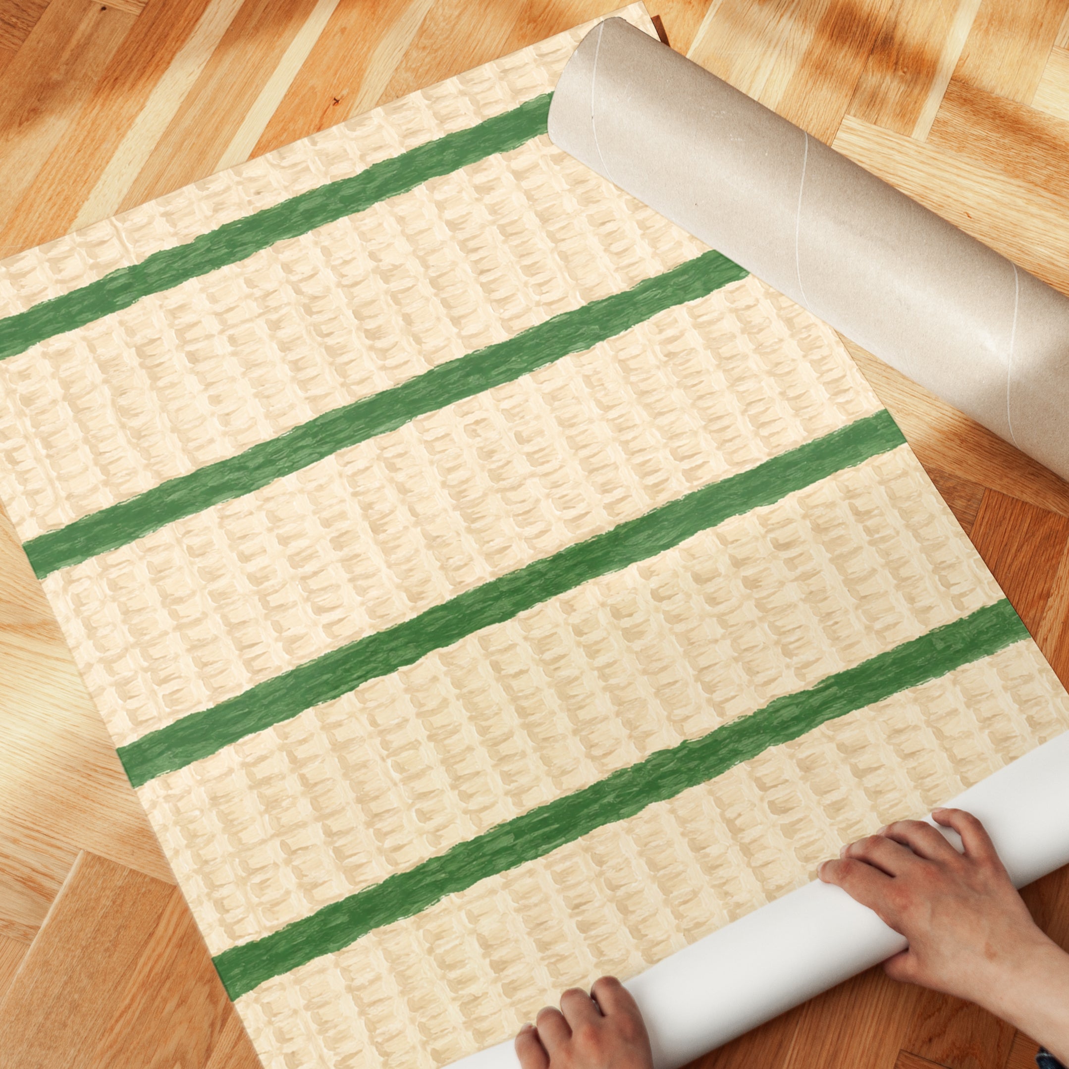 Woven Textile Stripes Print: Green and Cream Fabric Art - detail