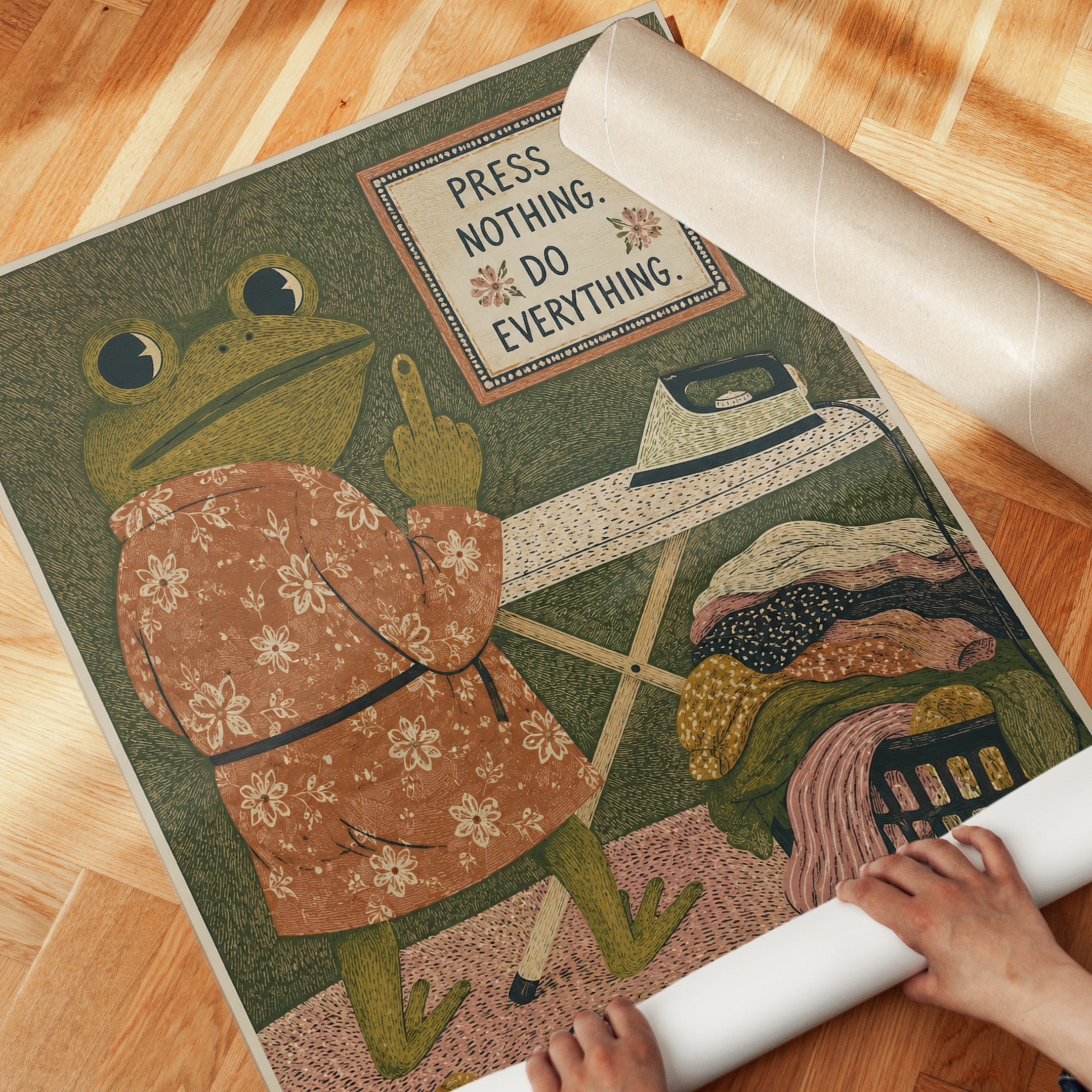 Ironing Frog Art Print: Whimsical Folk Art Illustration - detail