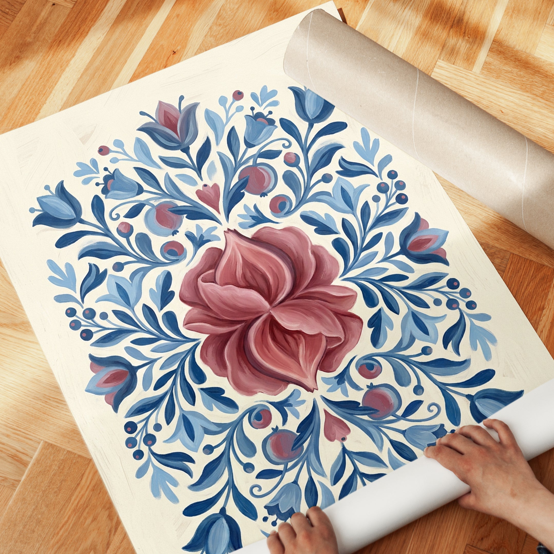 Folk Art Floral Print: Scandinavian Blue and Mauve Rosemaling - detail