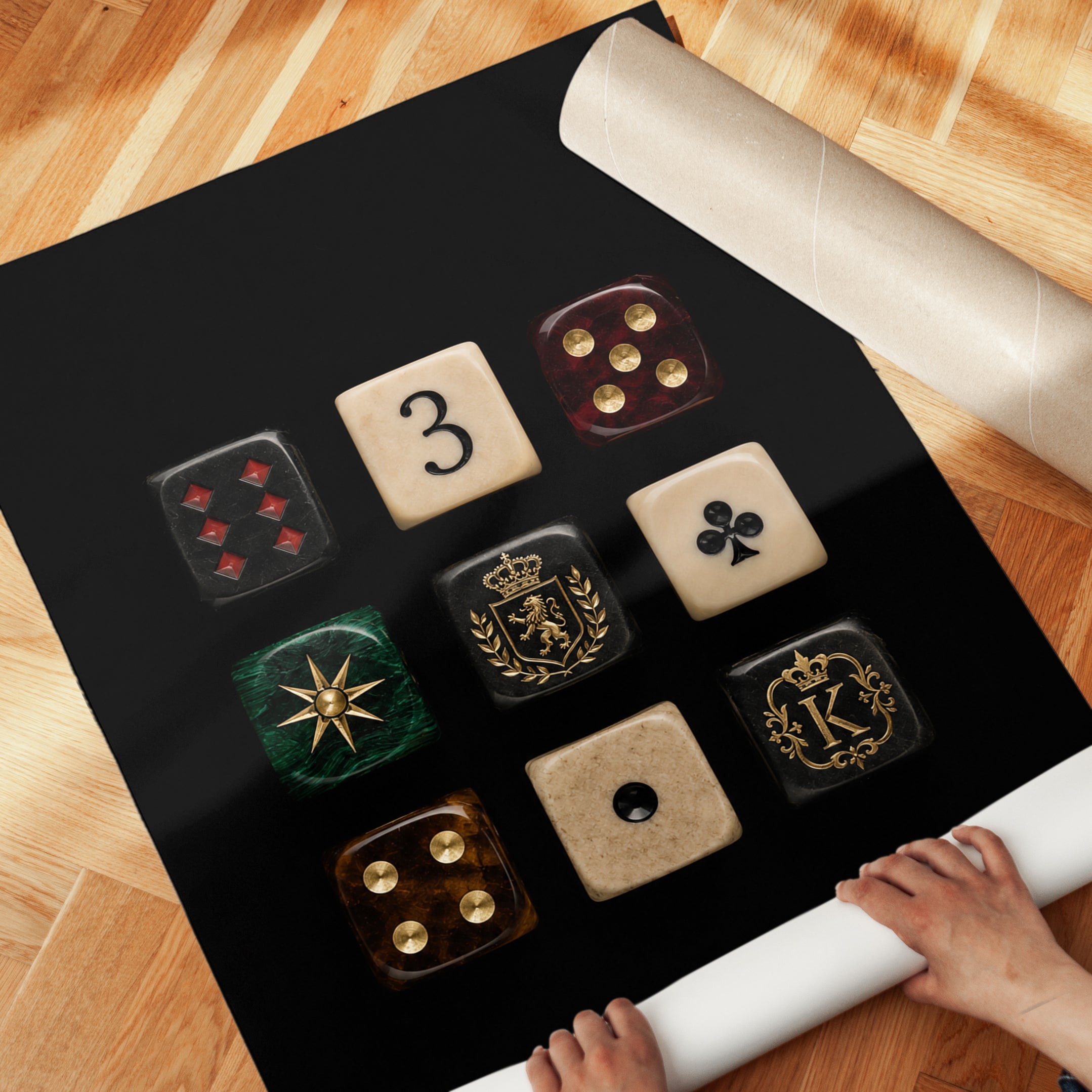 Luxury Dice Collection Print: Gold and Heraldic Gaming Art - detail