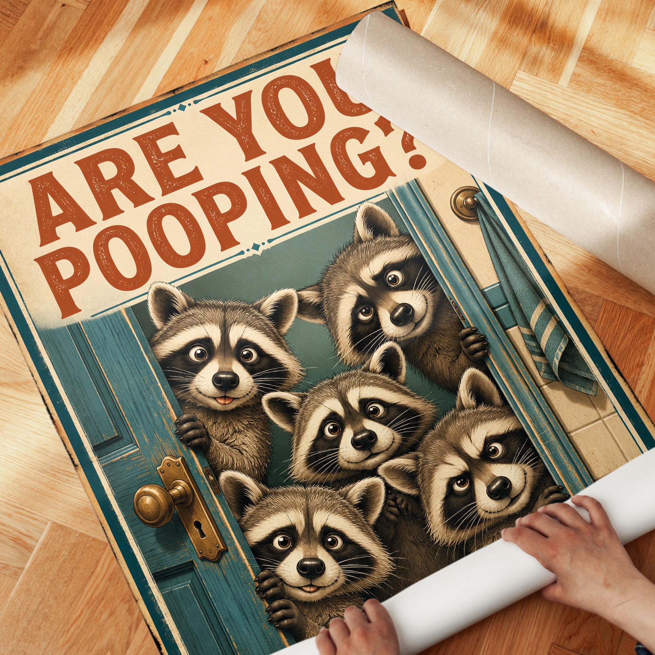 Vintage Raccoon Bathroom Wall Art - detail