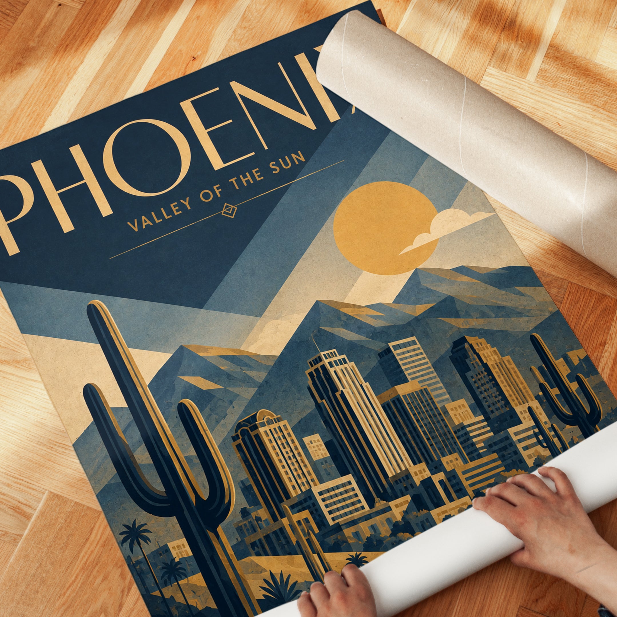 Phoenix Travel Poster: Art Deco Desert Cityscape Wall Art - detail