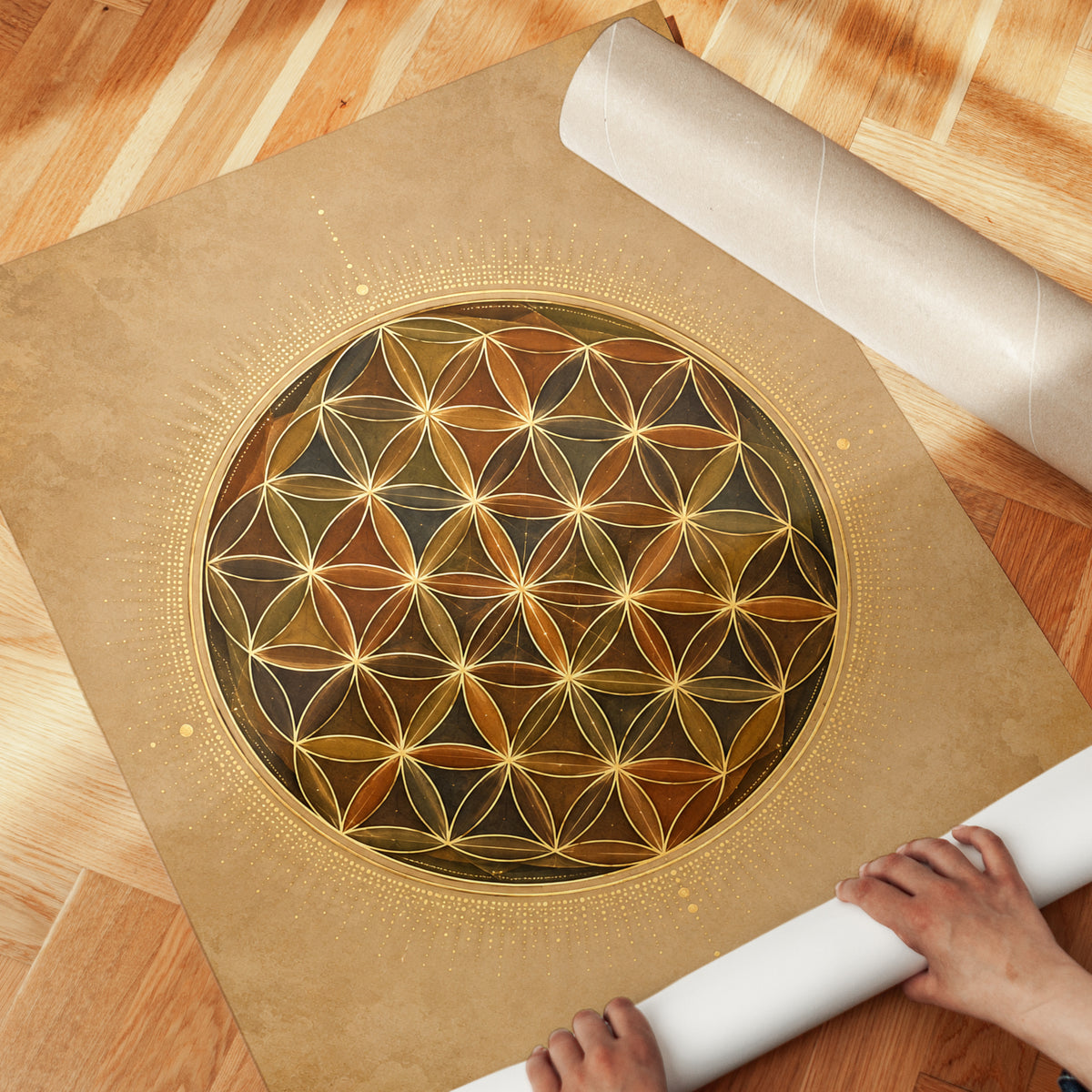 Flower of Life Sacred Geometry Art Print: Golden Earth Tones - detail