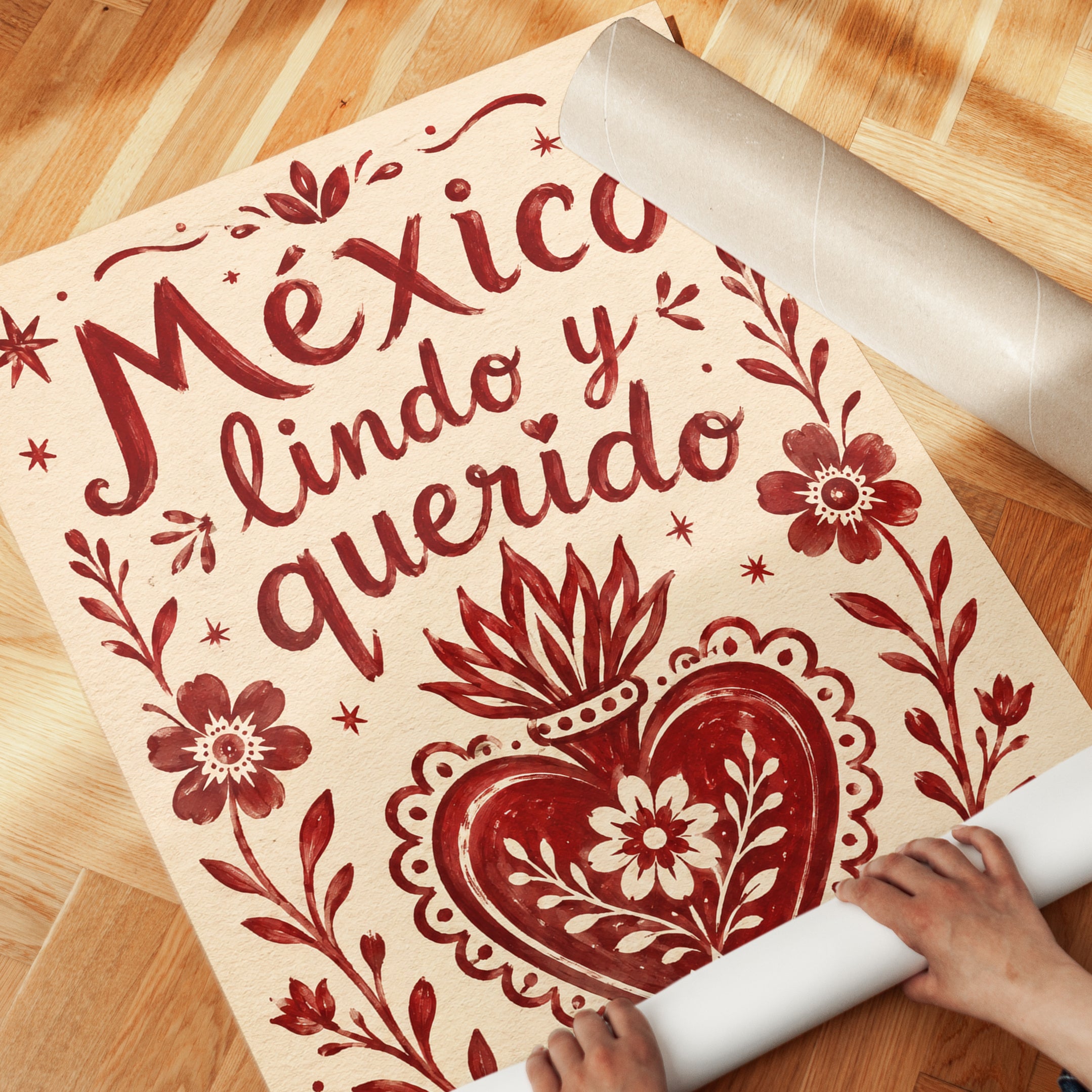 Mexico Lindo y Querido Folk Art Print: Red Cream Typography - detail