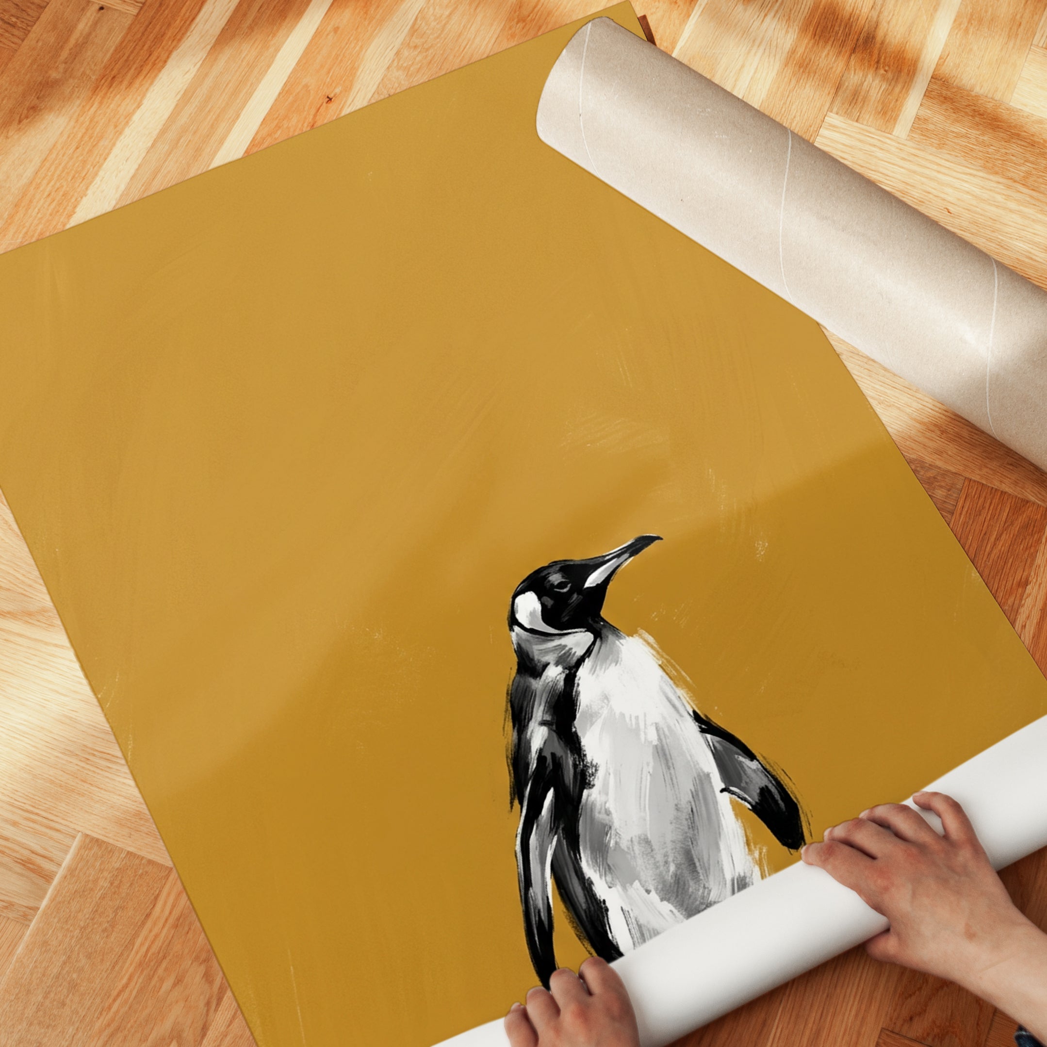 Penguin Art Print: Black and White on Mustard Yellow Background - detail