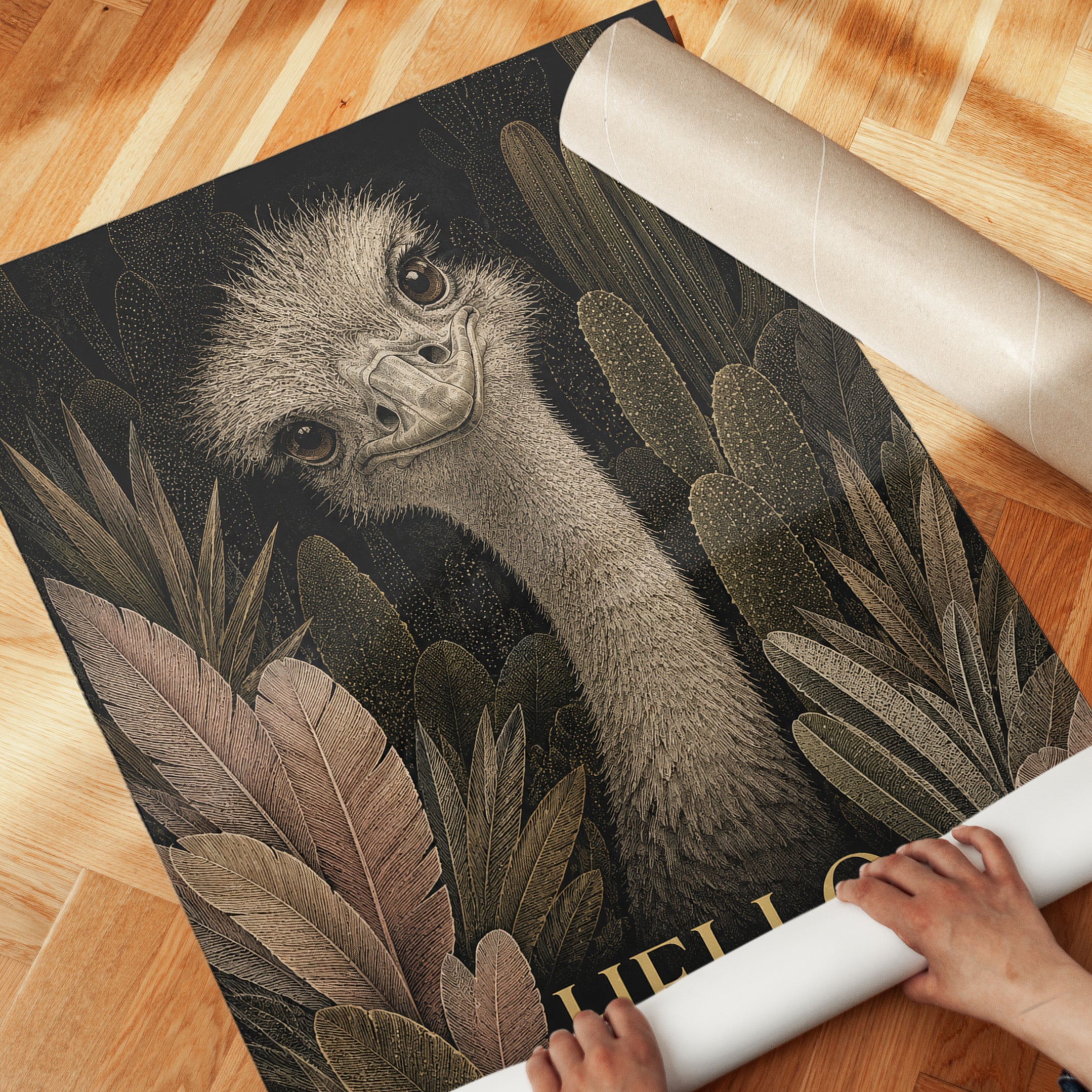Ostrich Portrait Art Print: Vintage Botanical Wildlife Illustration - detail