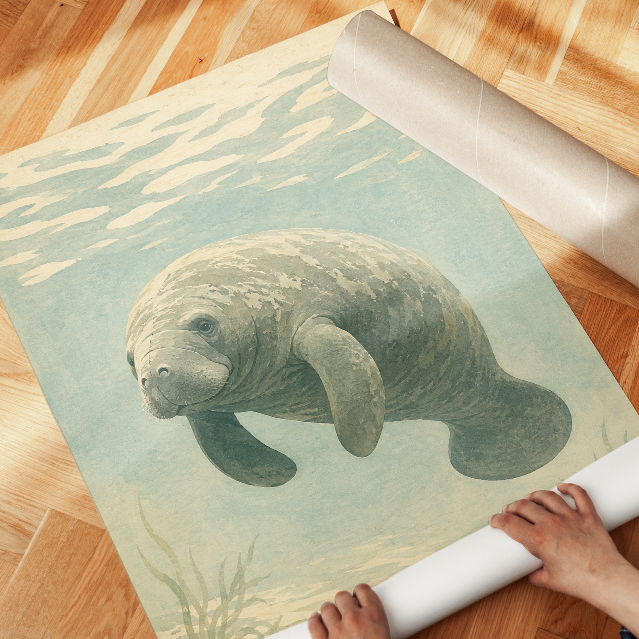 Manatee Underwater Art Print: Vintage Watercolor Marine Life - detail