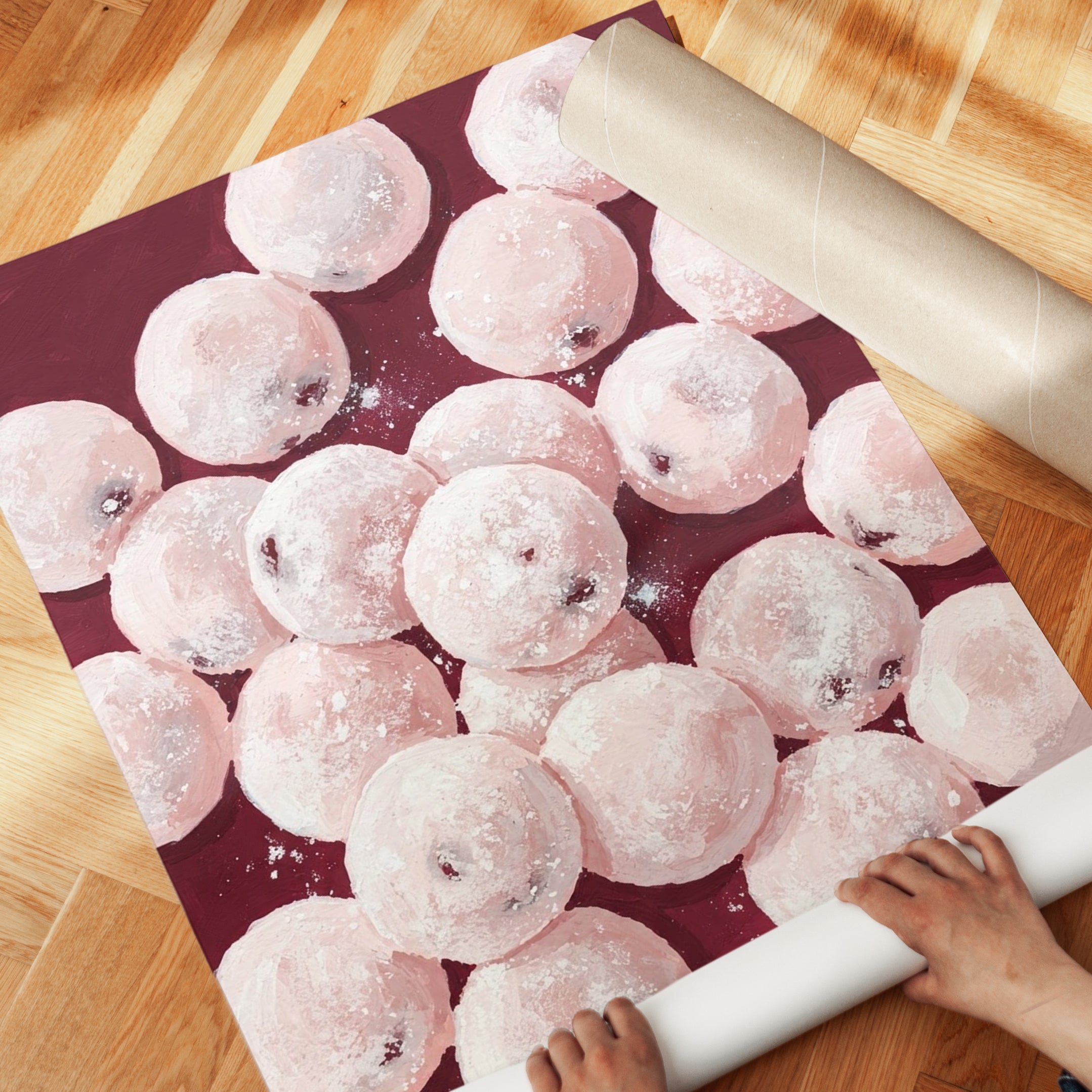 Sugar Dusted Donuts Wall Art: Pink and Burgundy Food Photography - detail