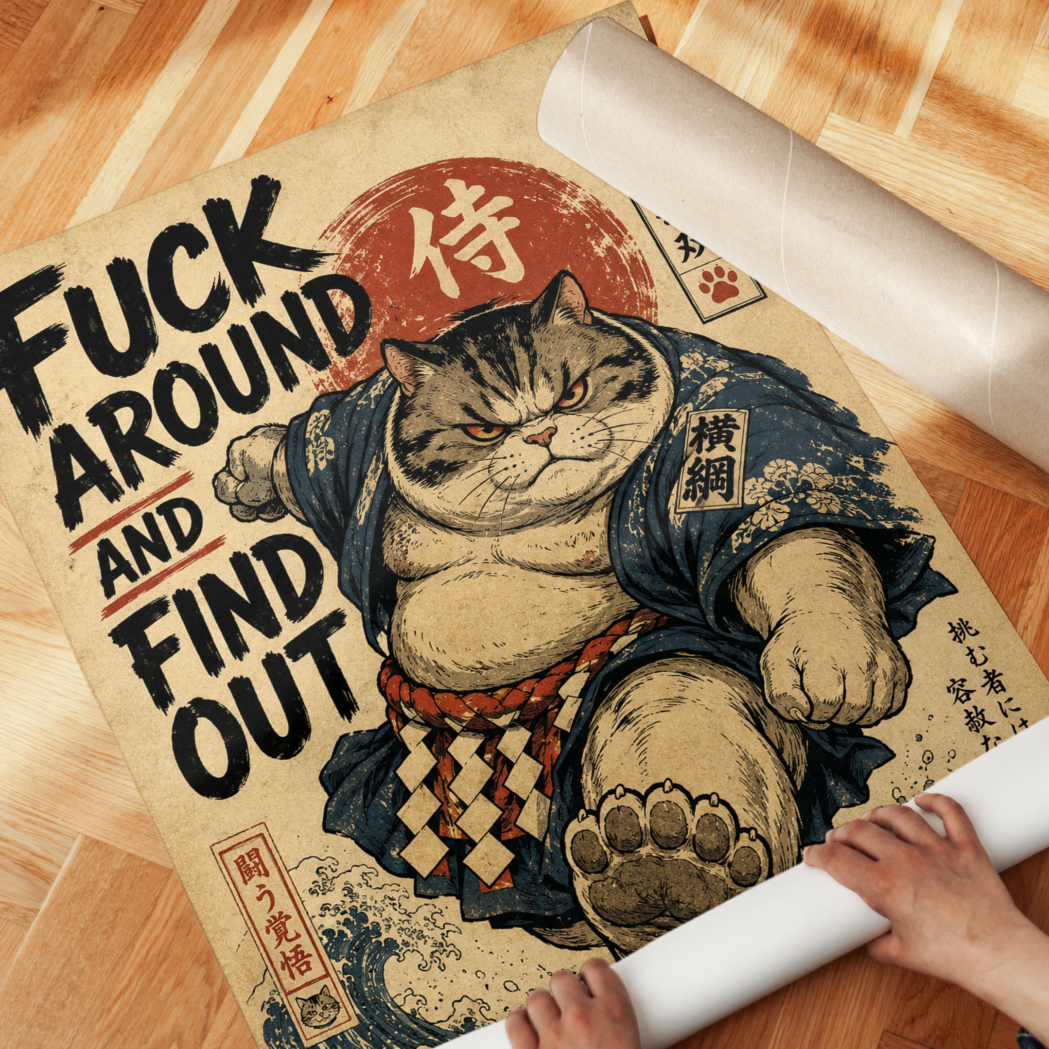 Japanese Cat Wall Art – Samurai Warrior Print - detail