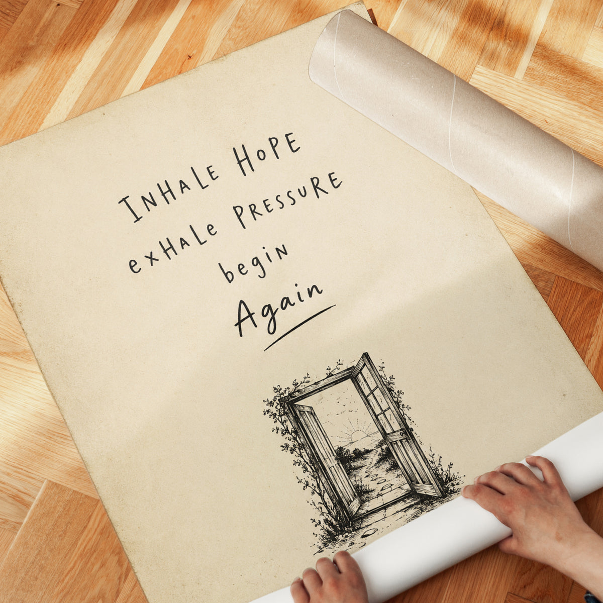 Inhale Hope Motivational Print: Vintage Door Illustration Art - detail