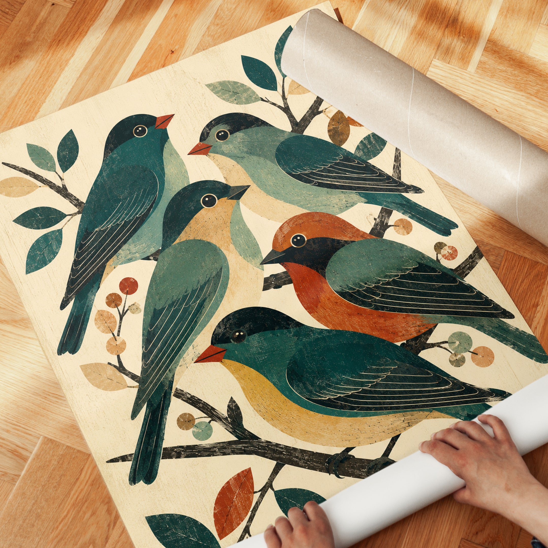 Folk Art Birds on Branches: Vintage Teal and Orange Wall Art - detail