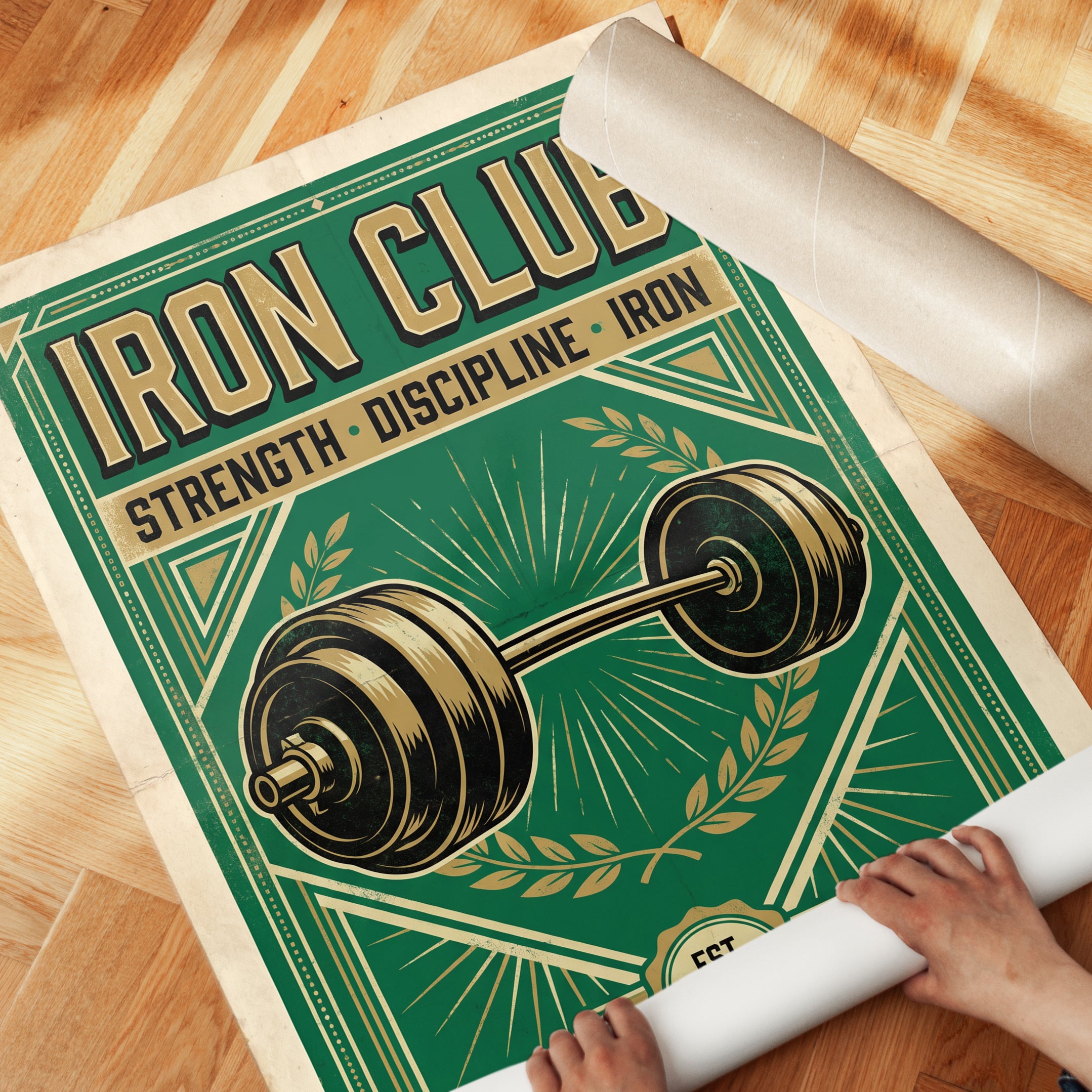 Vintage Iron Club Gym Print — Retro Weightlifting Barbell Poster - detail