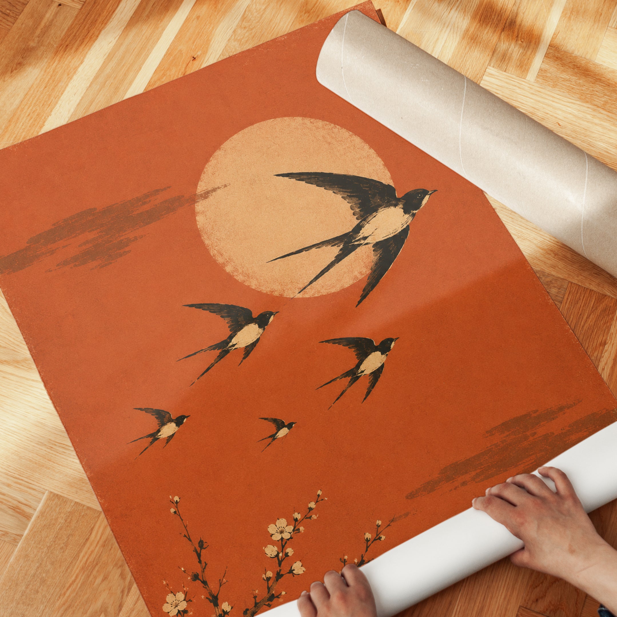 Japanese Swallows Art Print - detail