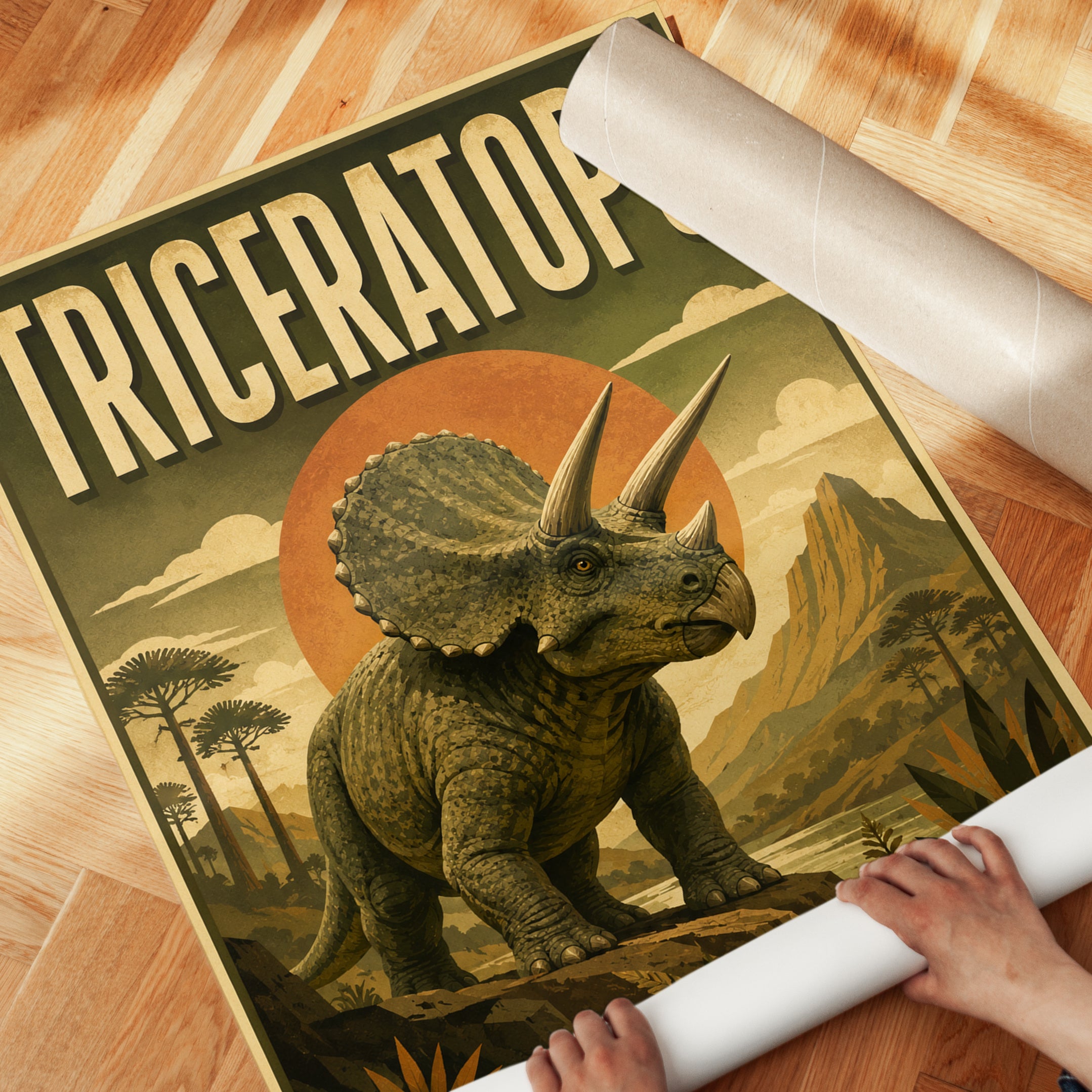 Dinosaur Wall Art: Triceratops Vintage Poster - detail