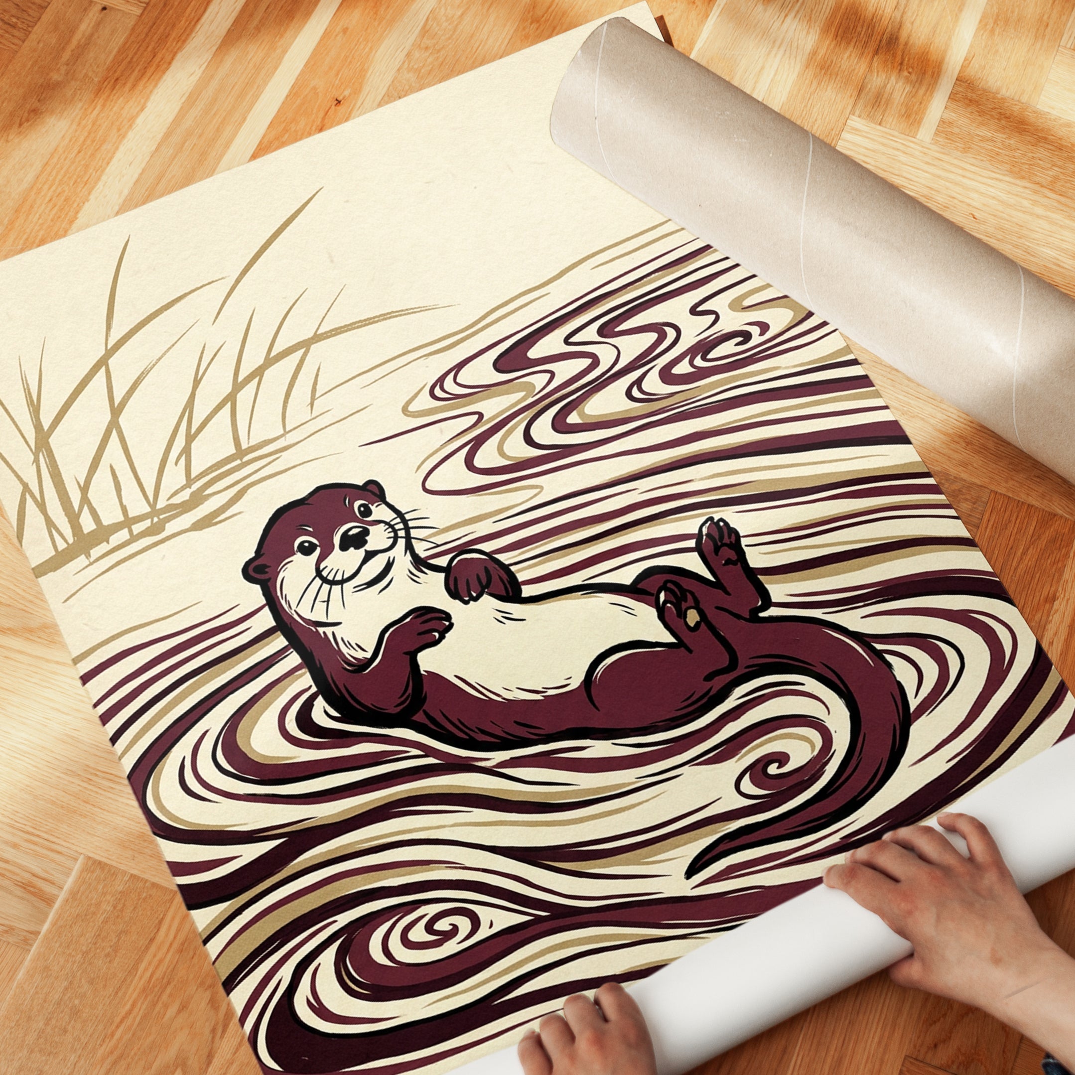 River Otter Art Print: Japanese Style Brown and Cream Waves - detail