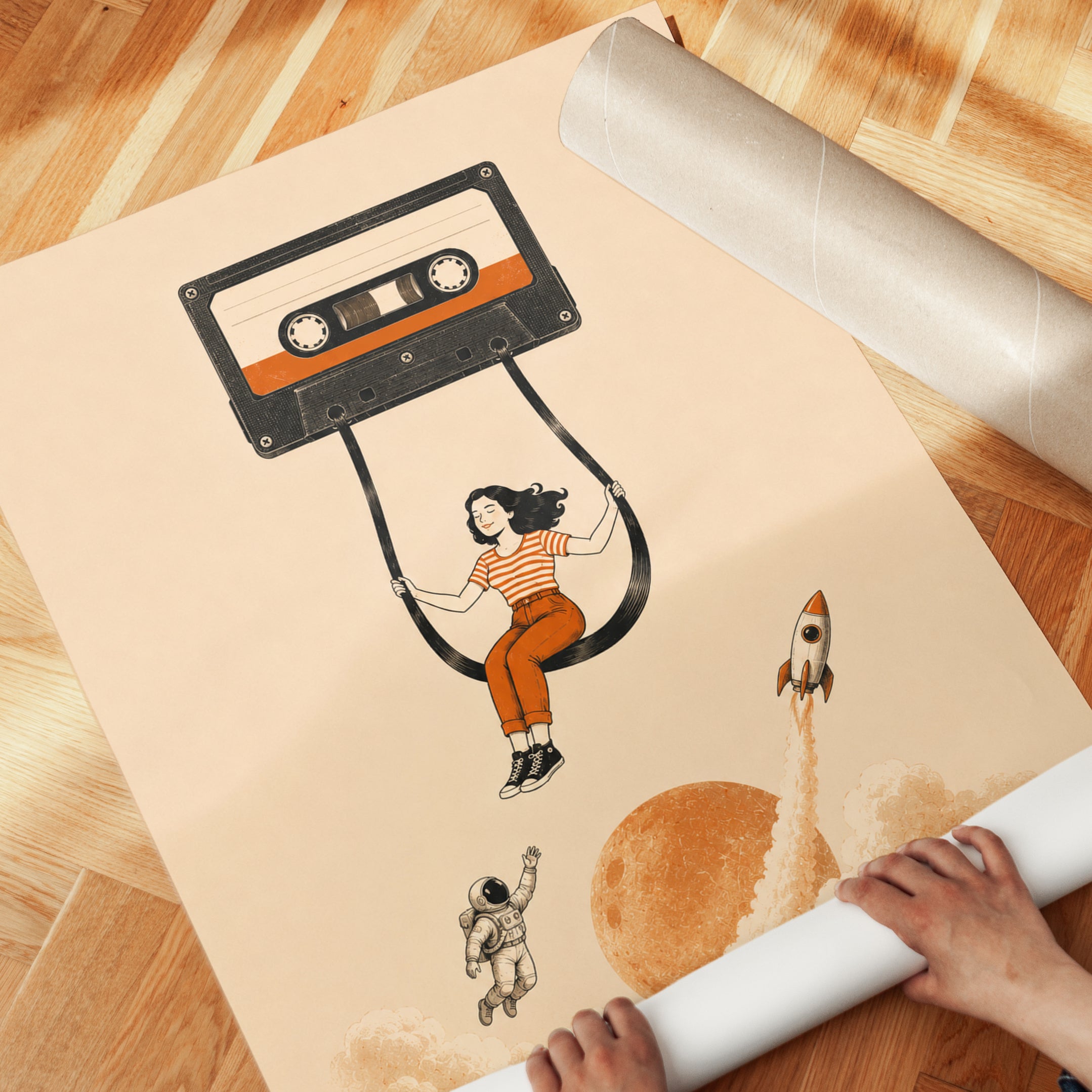 Cassette Tape Swing Art Print: Retro Music and Space Illustration - detail