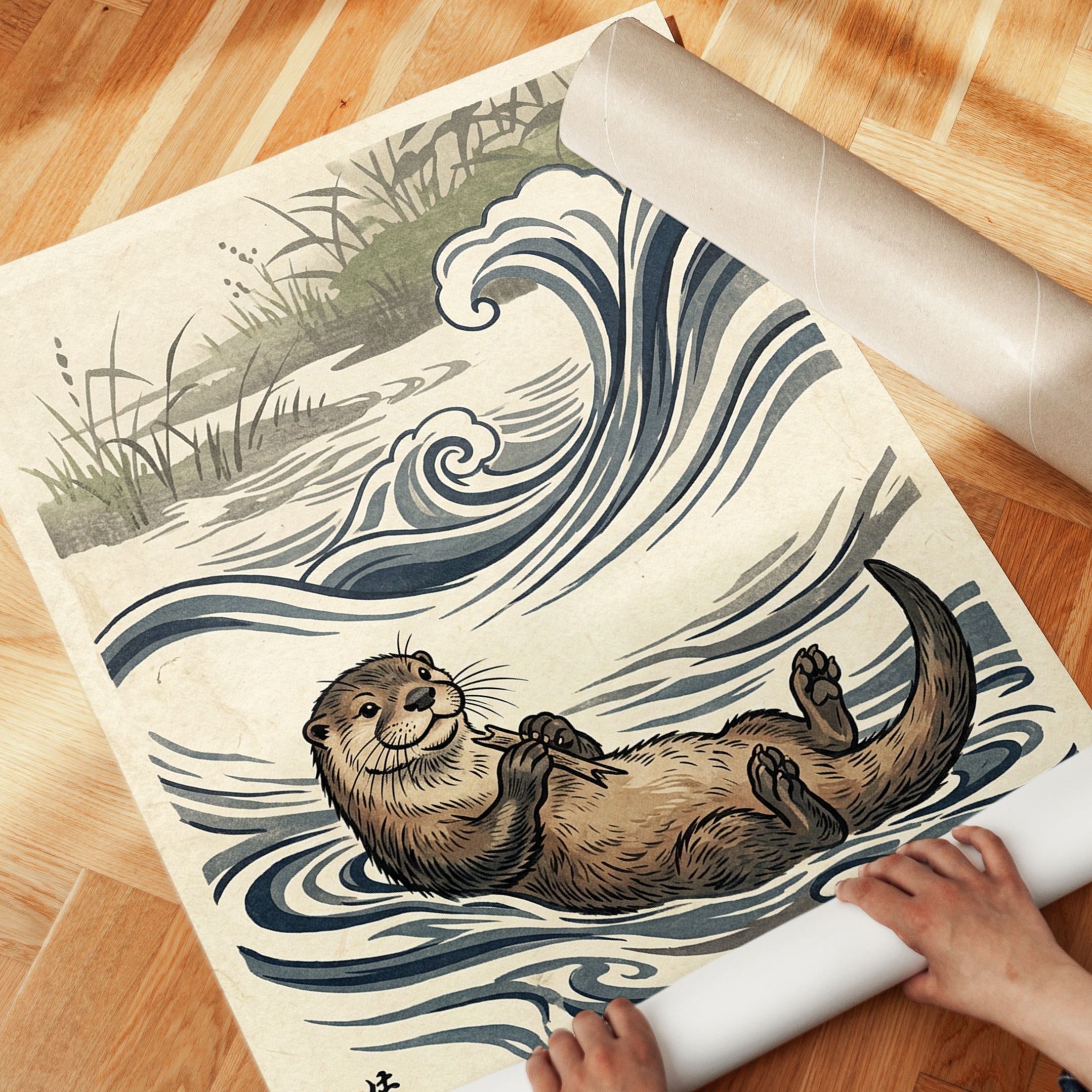 Otter in Waves Art Print: Japanese Woodblock Style Wildlife - detail
