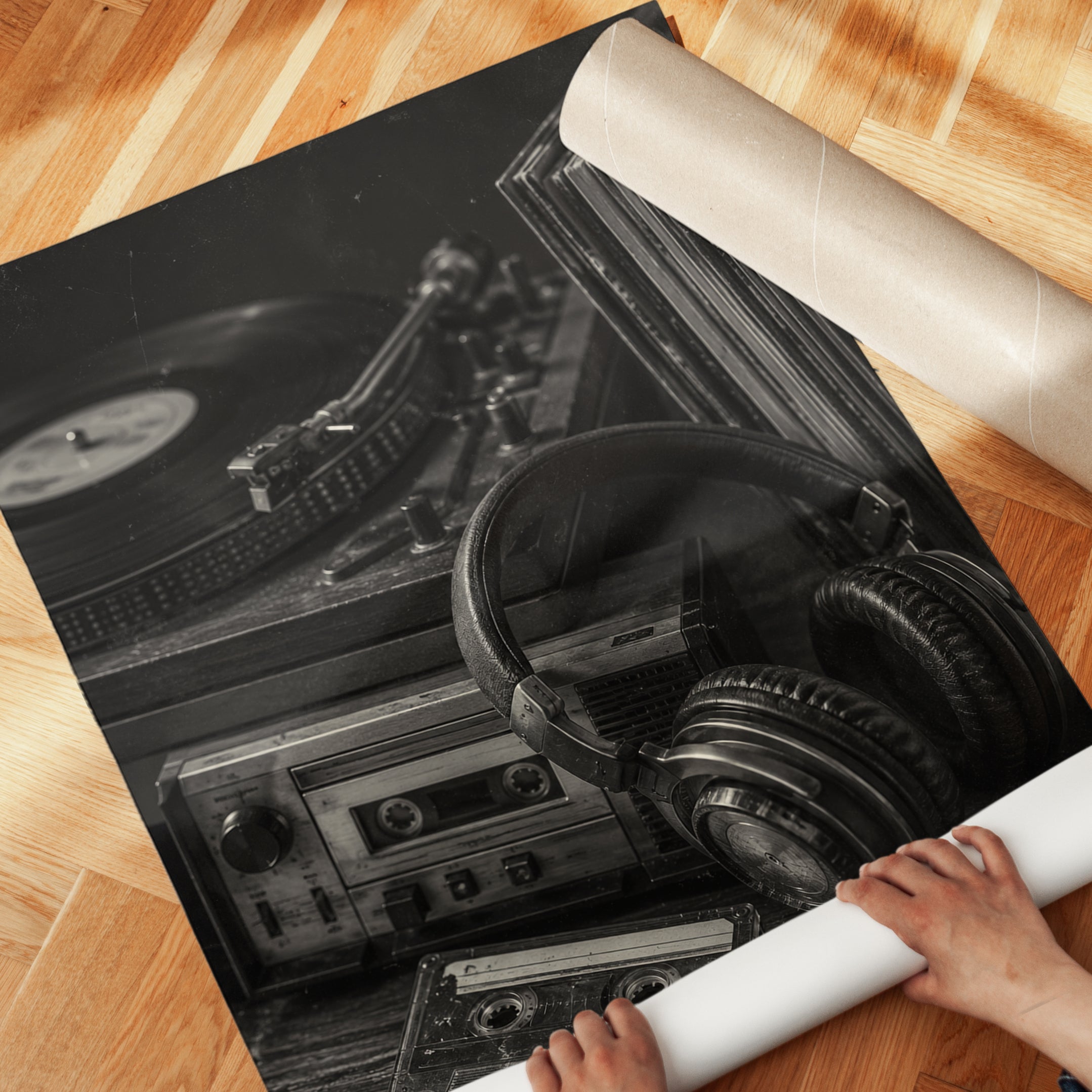 Vintage Music Studio Wall Art: Black and White Vinyl and Cassette - detail
