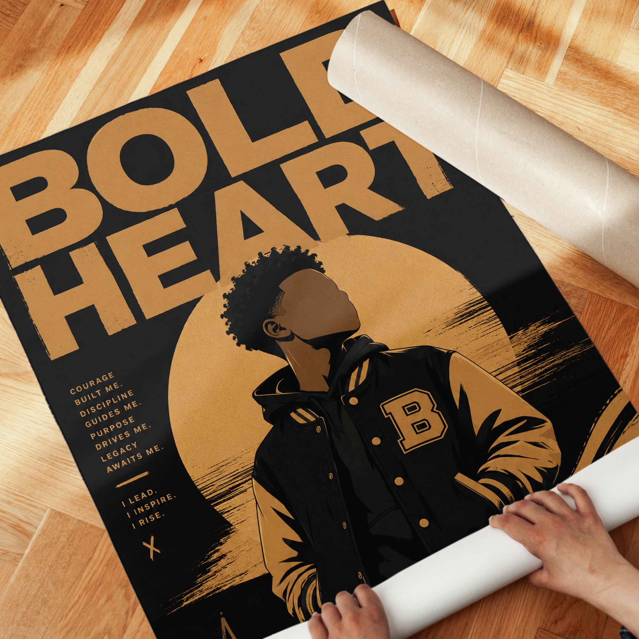 Bold Heart Motivational Poster: Black and Gold Typography Art - detail
