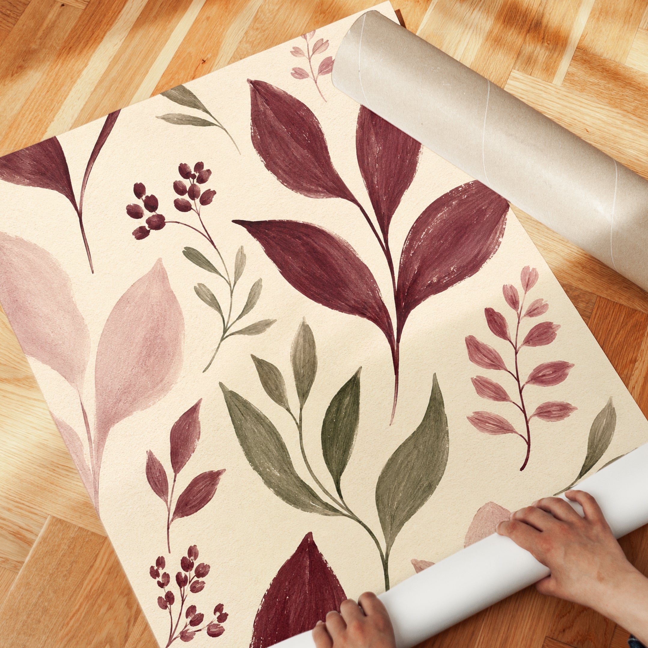 Burgundy Botanical Art Print: Watercolor Leaves and Berries - detail