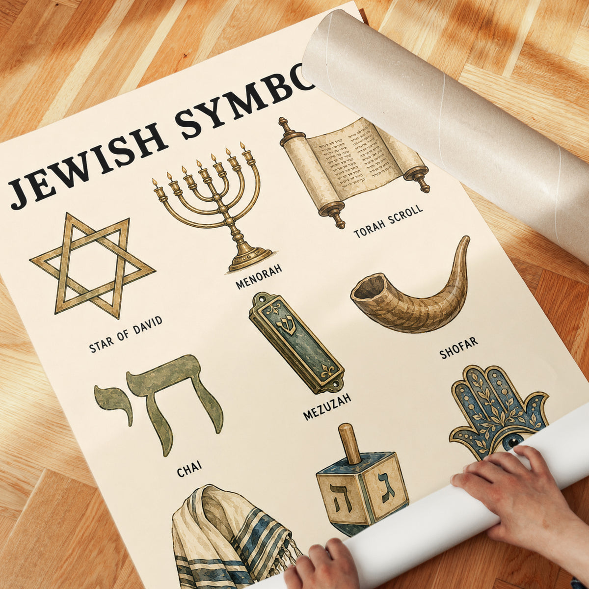 Jewish Symbols Print: Vintage-Inspired Educational Wall Art - detail
