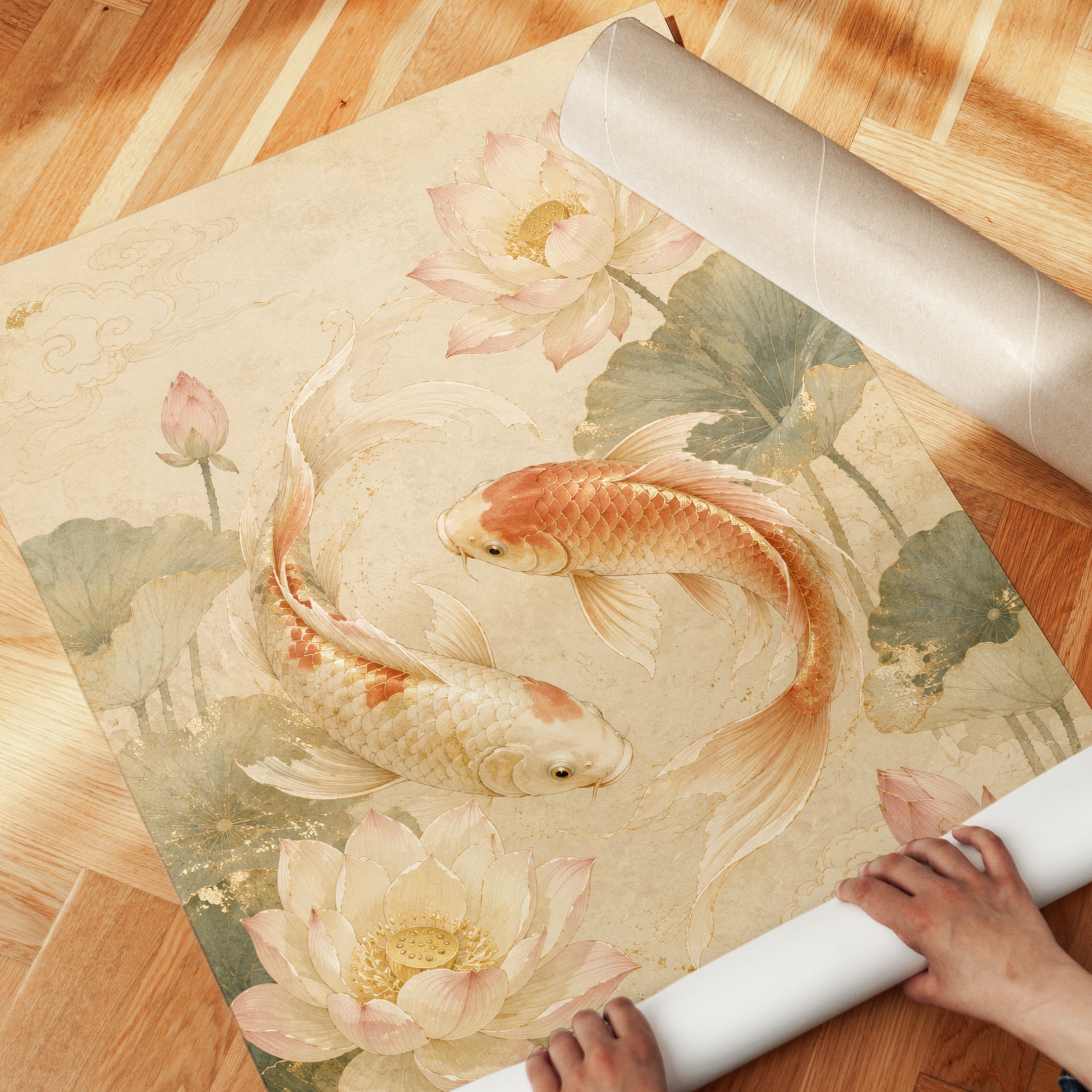 Koi Fish Lotus Flower Print - detail
