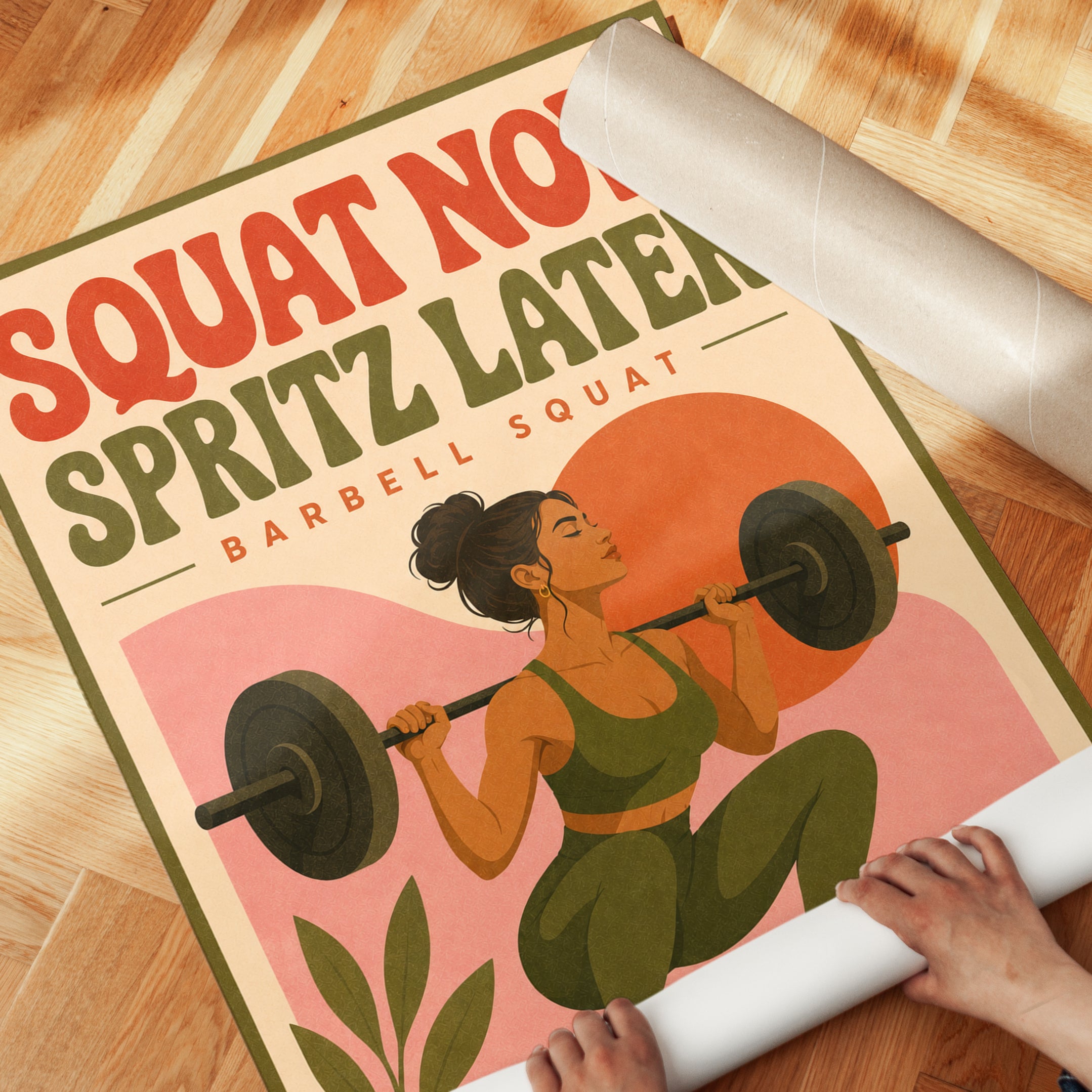 Squat Now Spritz Later: Retro Fitness Motivation Poster - detail